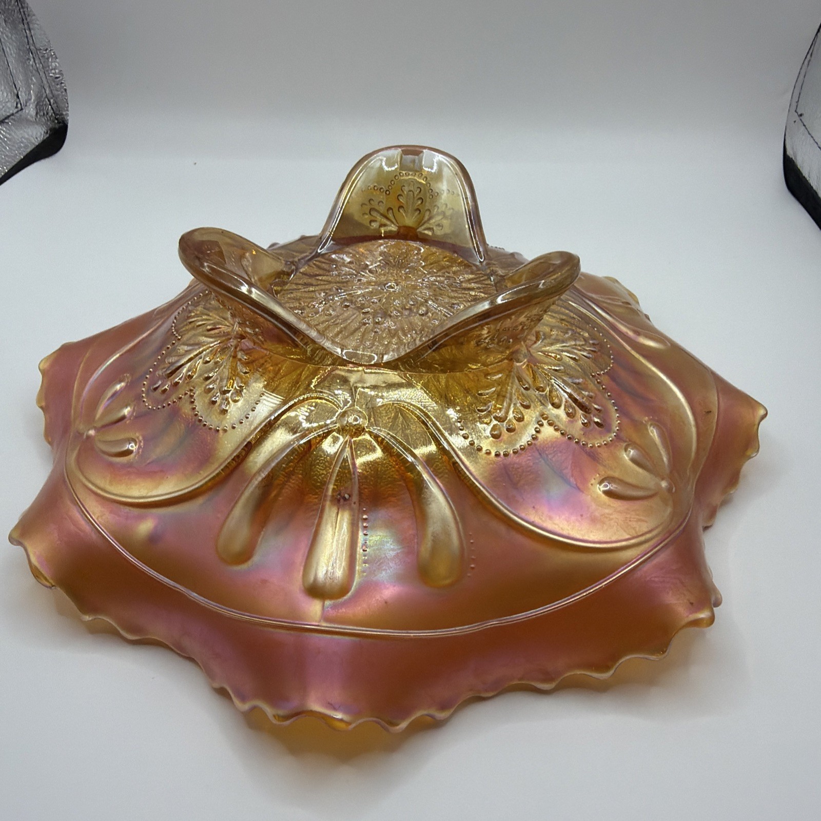 Northwood Pumpkin Marigold Sunflower Spatula Ftd Carnival Glass Bowl 9”