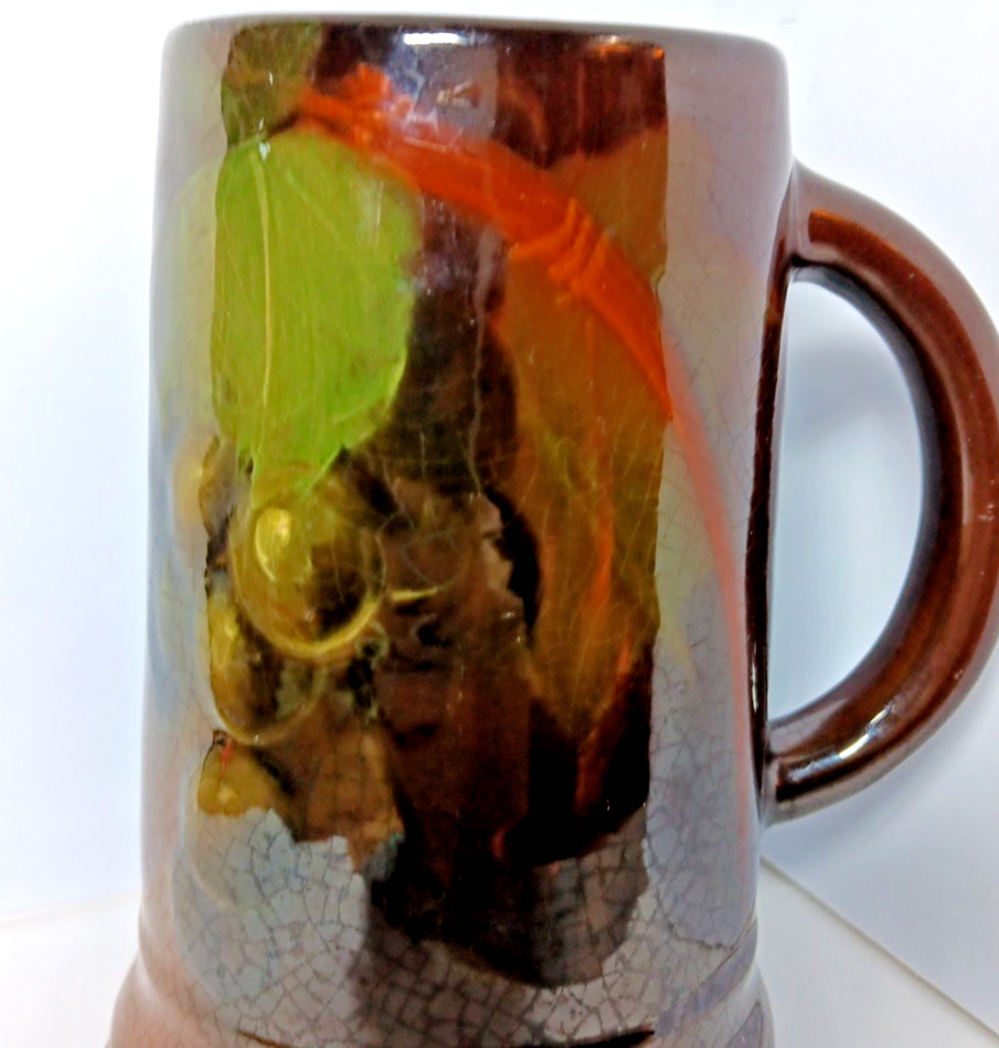 Beautiful Antique Weller Art Pottery Mug Hand Painted Grape Decoration 6.25 In