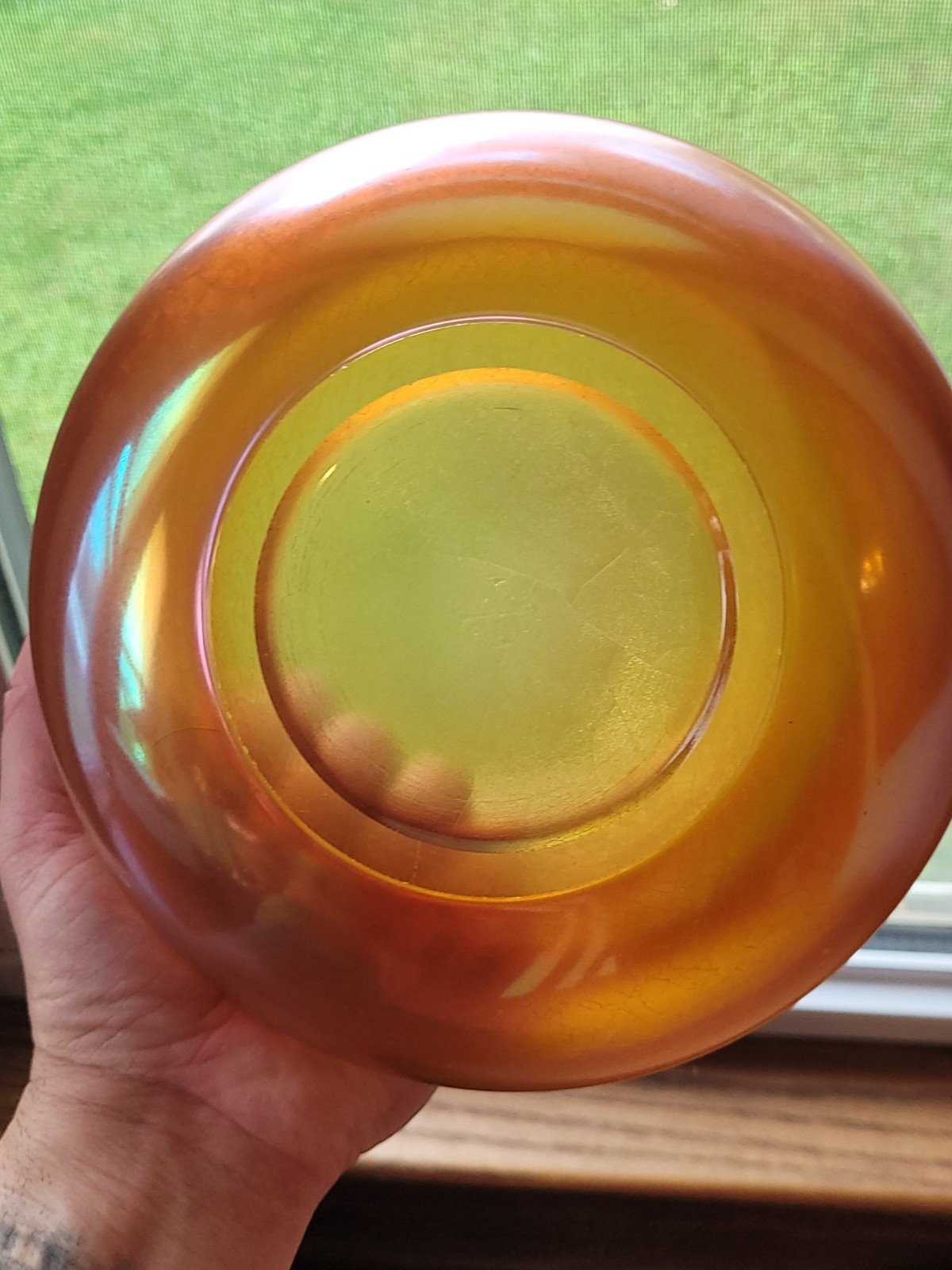 Stretch Art Glass Marigold Imperial Jewels Cupped Top Bowl Iron Cross Signed