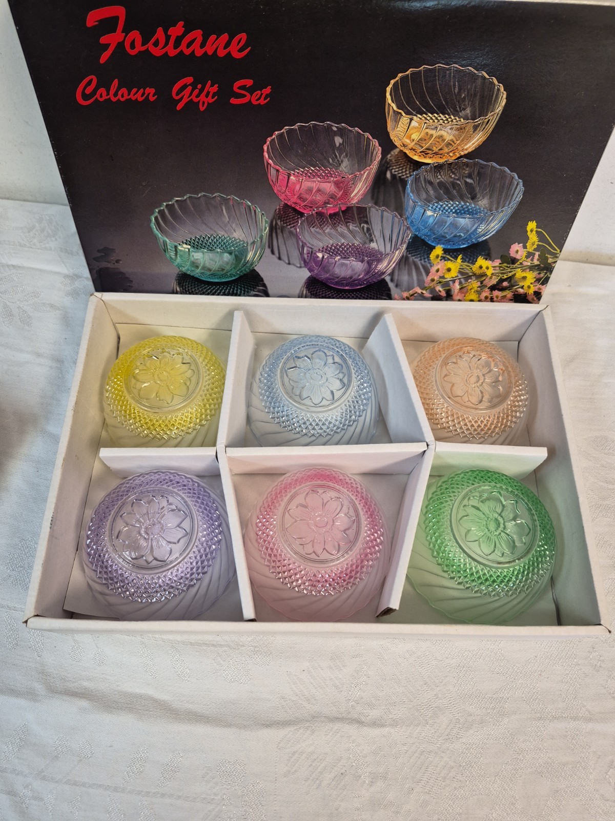 VTG Set of 6 Round Glass 3 3/4 Bowls Colored INDONESIA KIG Swirl Diamond Floral