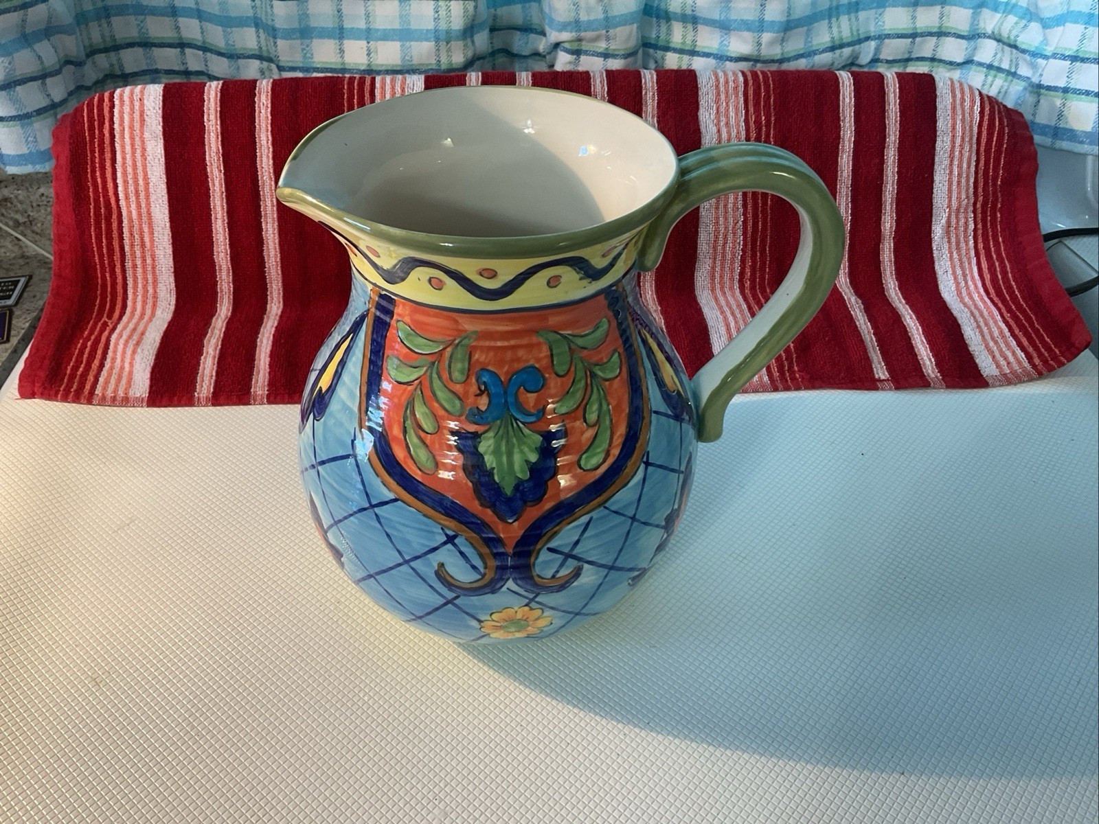 Maxcera Orange Talavera Hand Painted Pitcher 2.5 Qt Colorful Floral Stoneware