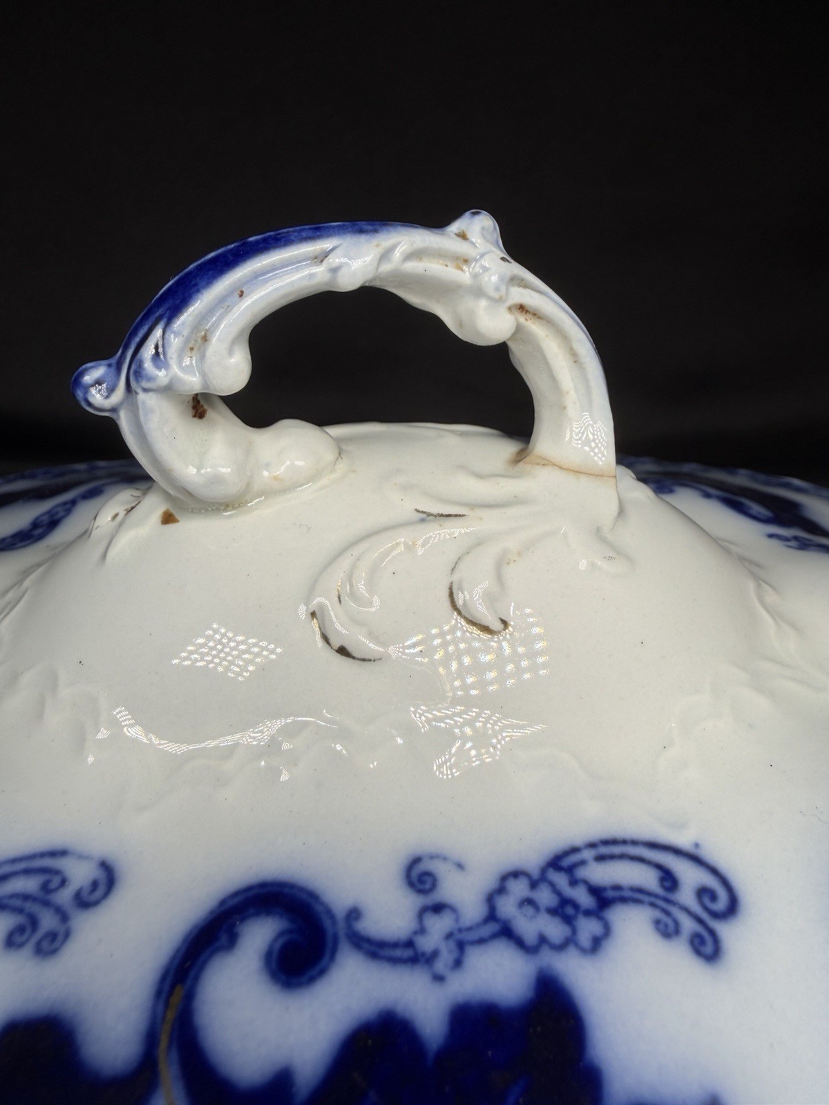 Antique Johnson Bros Normandy Flow Blue Oval Covered Vegetable Bowl Dish 11.5”
