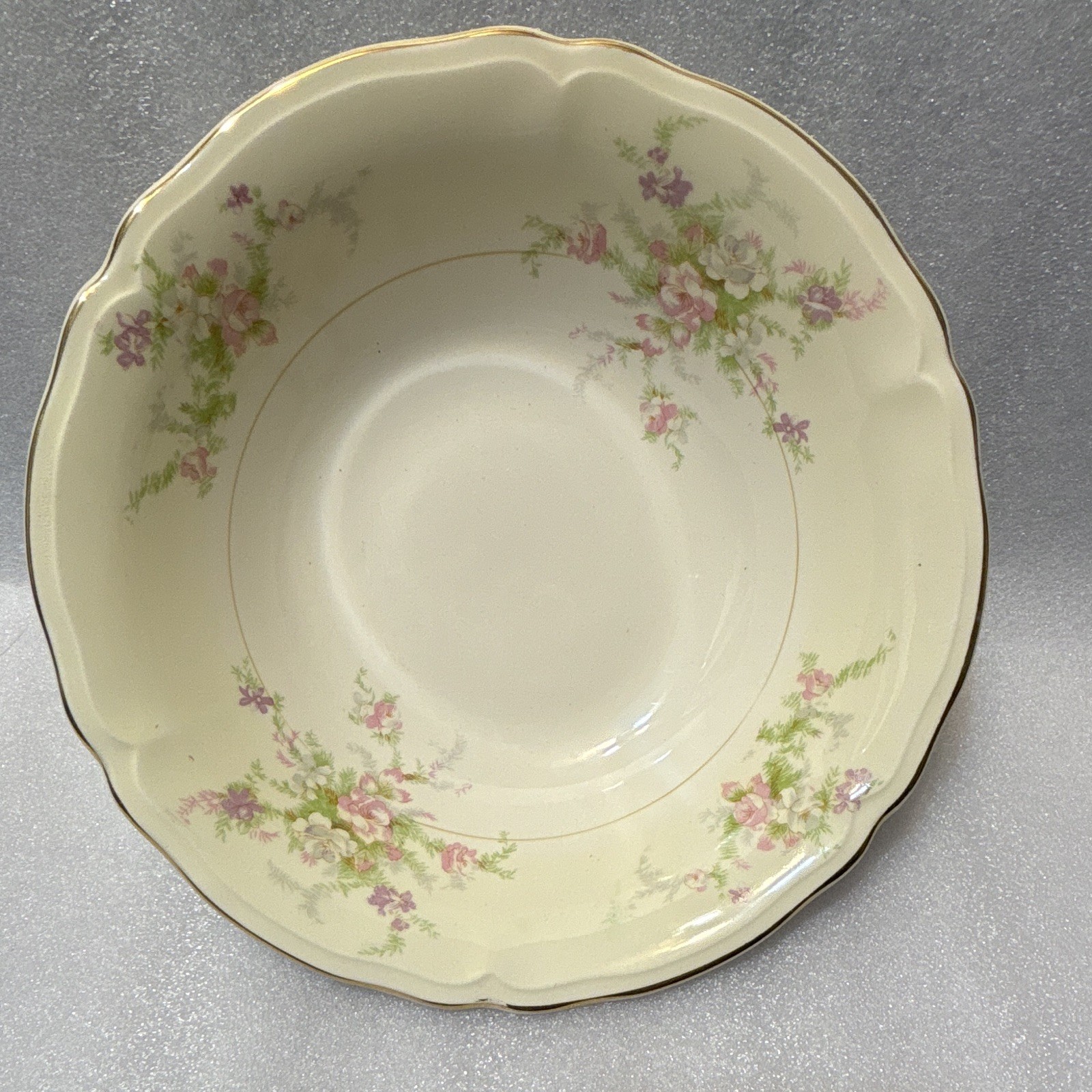 Edwin M. Knowles China Co. Floral 8.5” Round Bowl White Pink Green Gold Trim USA