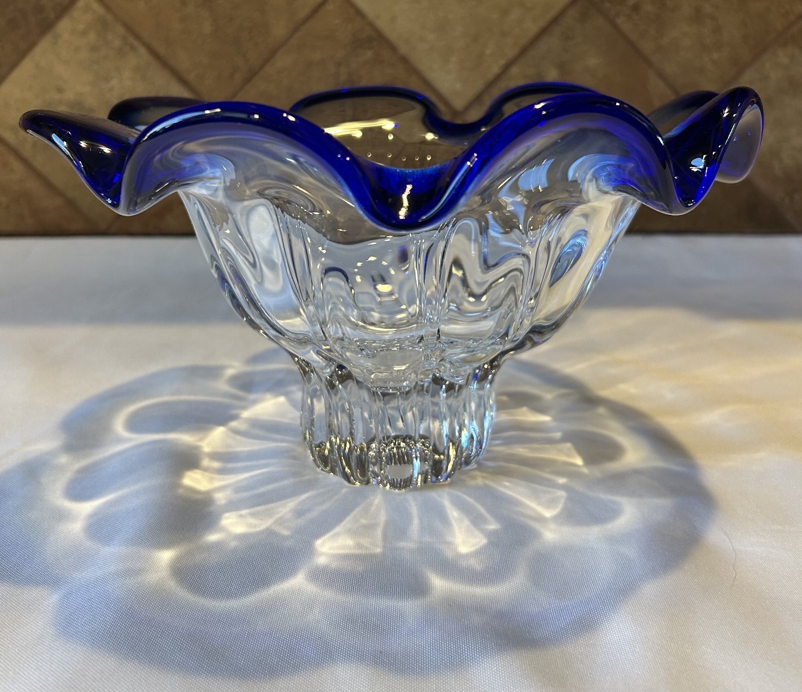 Shannon Crystal Designs of Ireland Clear/Cobalt Blue Crystal Ruffled Rim Bowl