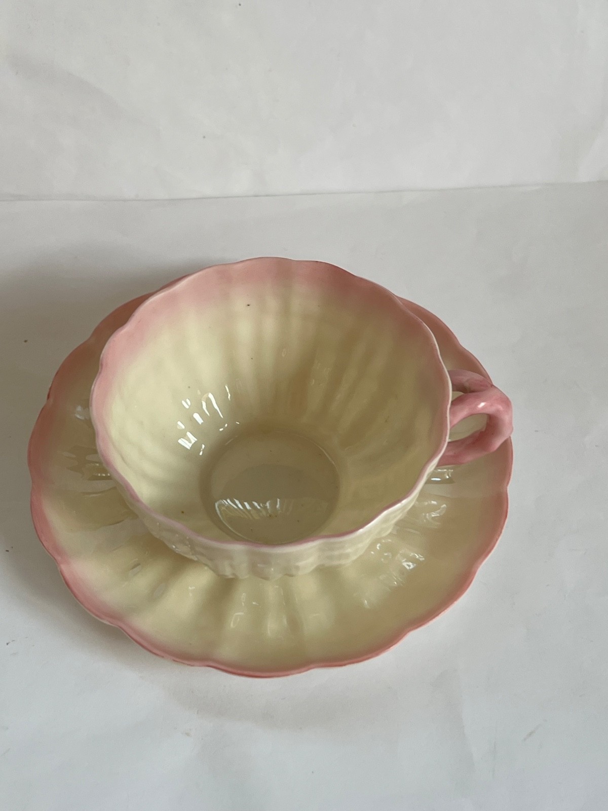 TRIO of IRISH BELLEEK Pink TRIDACNA Cup & Saucer & 7 1/2″ Plate – 1st Black Mark