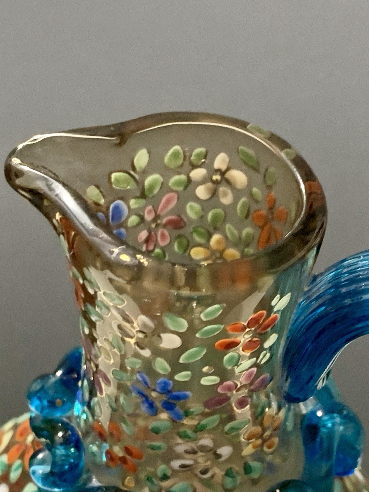 Vintage Rare Moser Hand Painted Multicolor Floral Art Glass Pitcher with Handle
