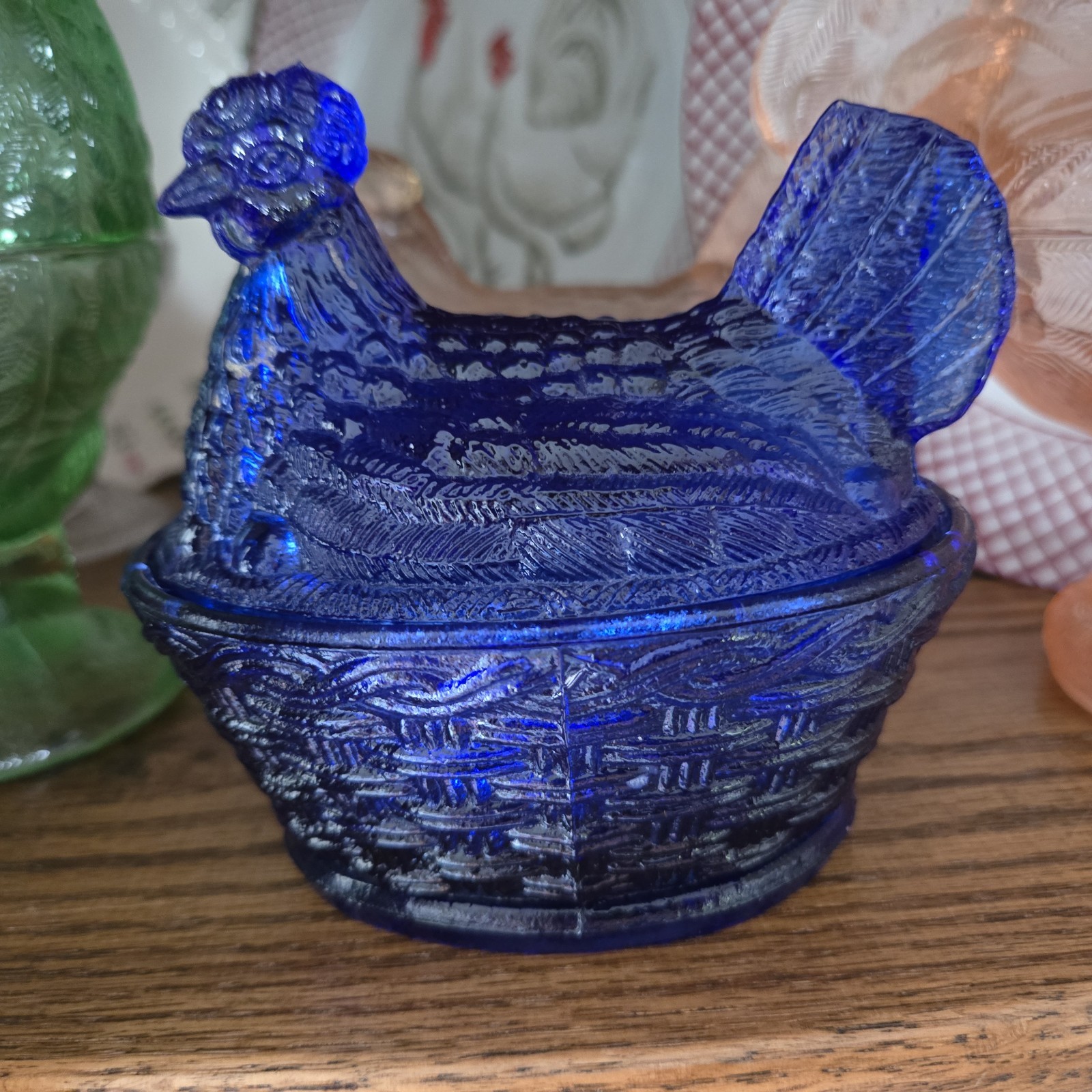 Hen on Nest Chicken Cobalt Blue Glass Style Dish 6 In Cottage Core Grandma Core