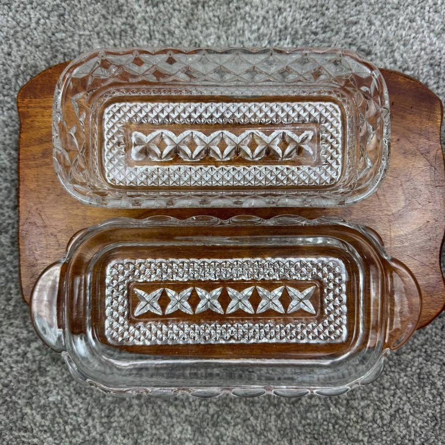 Anchor Hocking Vintage Wexford Cut Glass Covered Butter Dish Diamond XXX Pattern