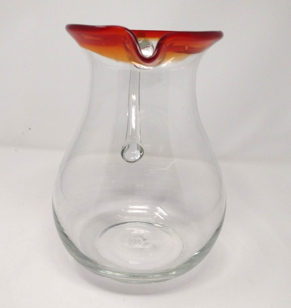 Mexican Handblown Red Rim Glass Pitcher Large 8 3/4″