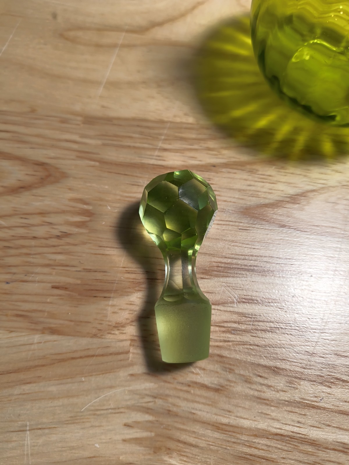 Vintage Olive Green Glass Cruet W/Stopper Glowing Stopper