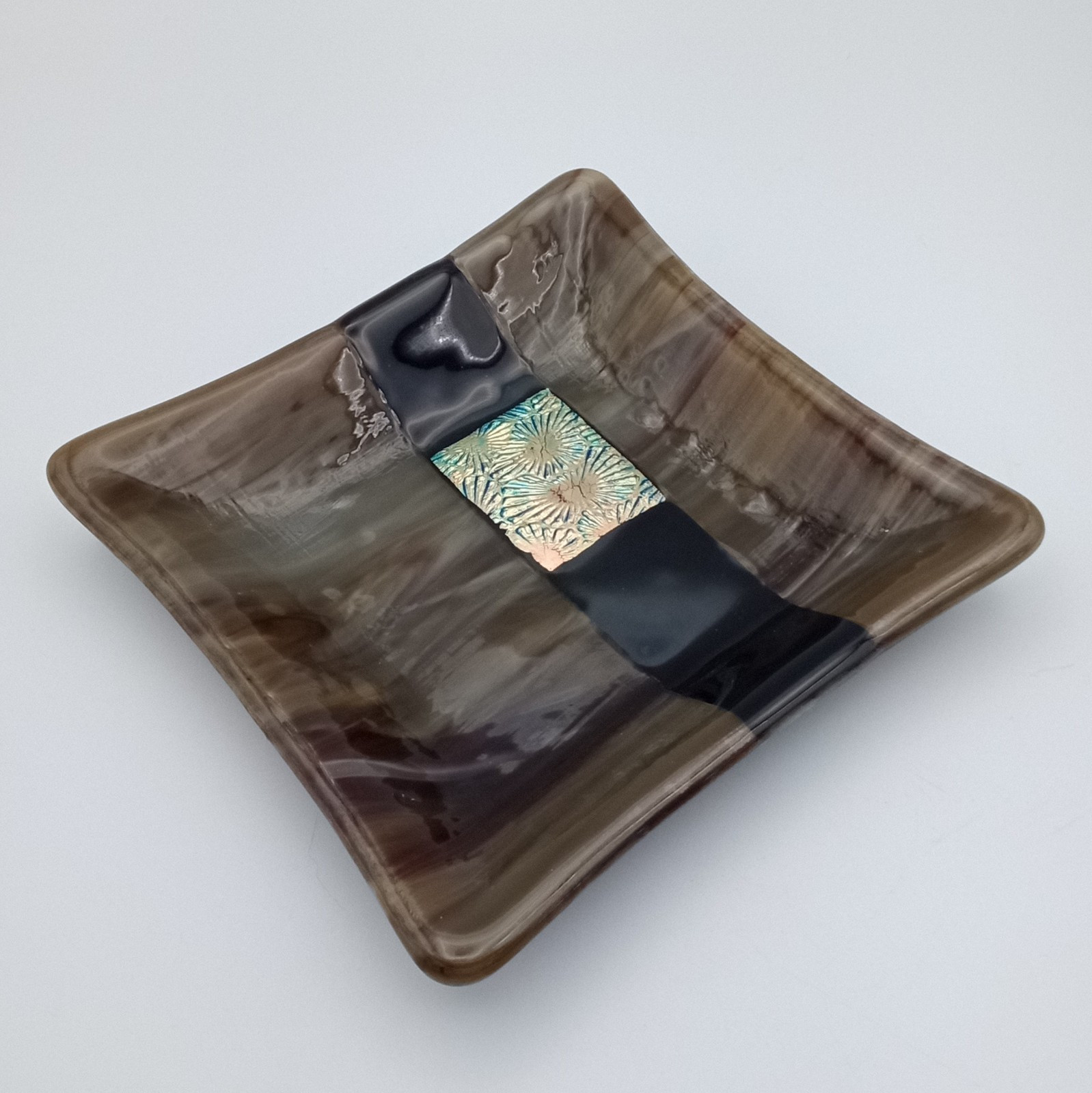 Dichroic Fused Glass Square Trinket Dish Brown Black Copper Abstract Signed