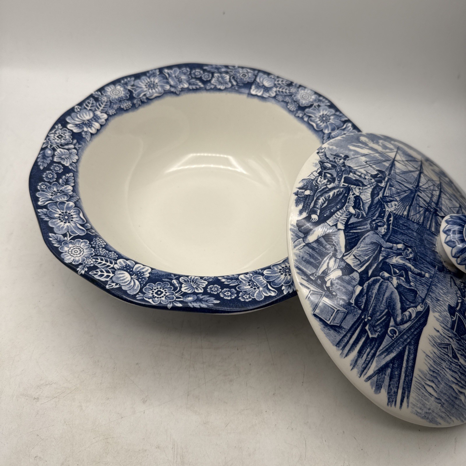 Liberty Blue “Boston Tea Party” Covered Serving Bowl – Historic Colonial Scene
