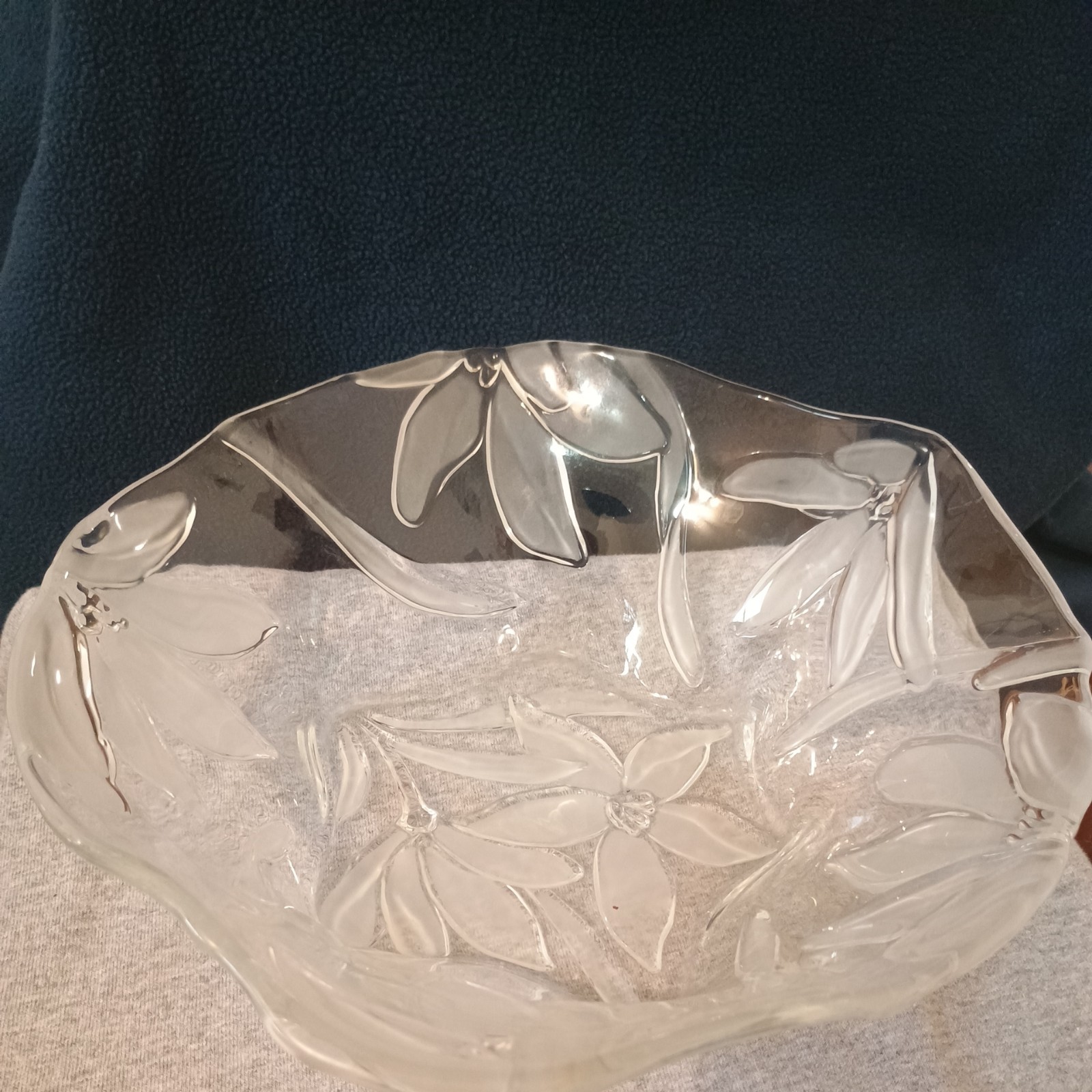 Vintage Glass Fruit Bowl w/ floral etching 9 1/2 diameter