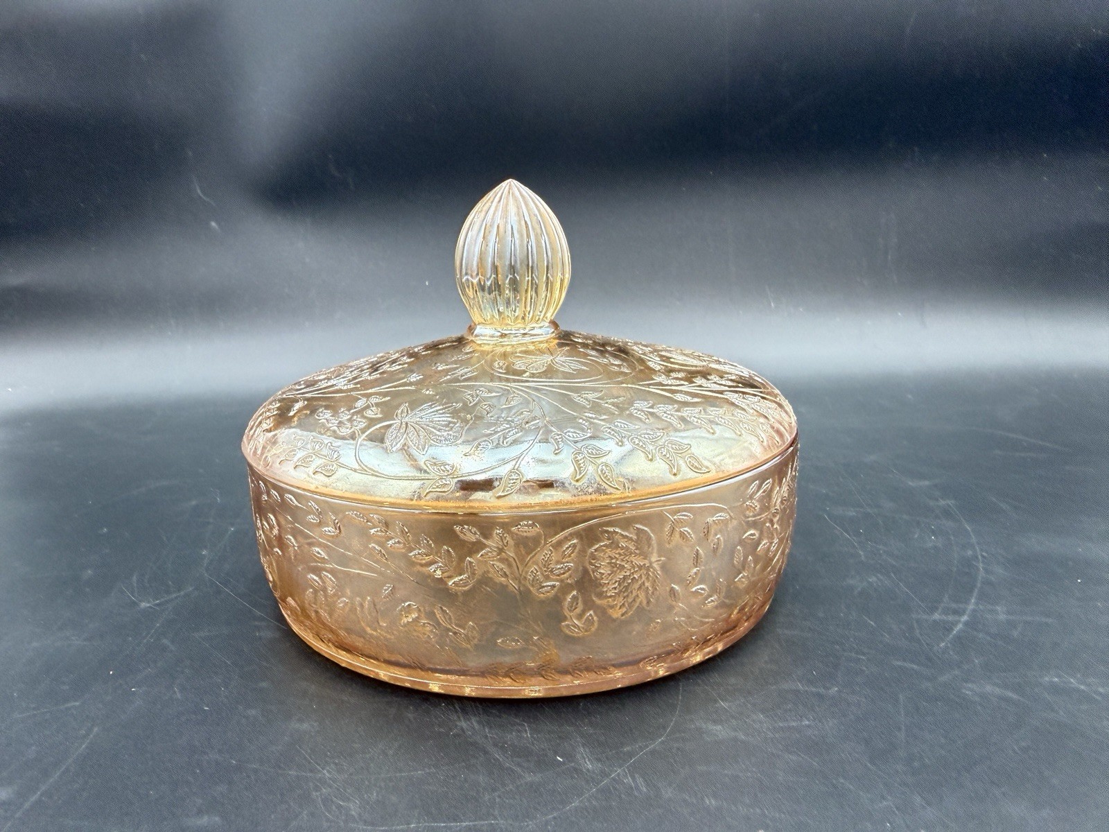 GORGEOUS! Vintage Jeannette Glass Floragold “Louisa” Covered Candy Dish