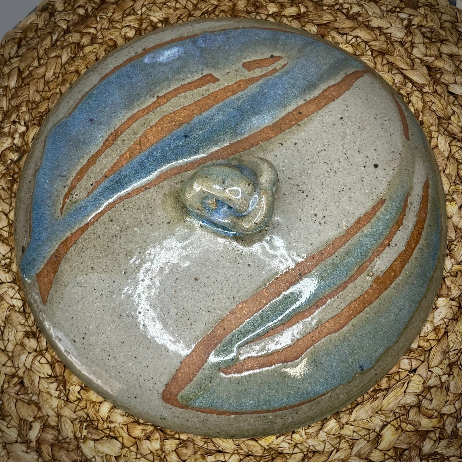 Stoneware Lidded Serving Dish Crock Rustic Pottery Blue Tan Gray Handmade Signed