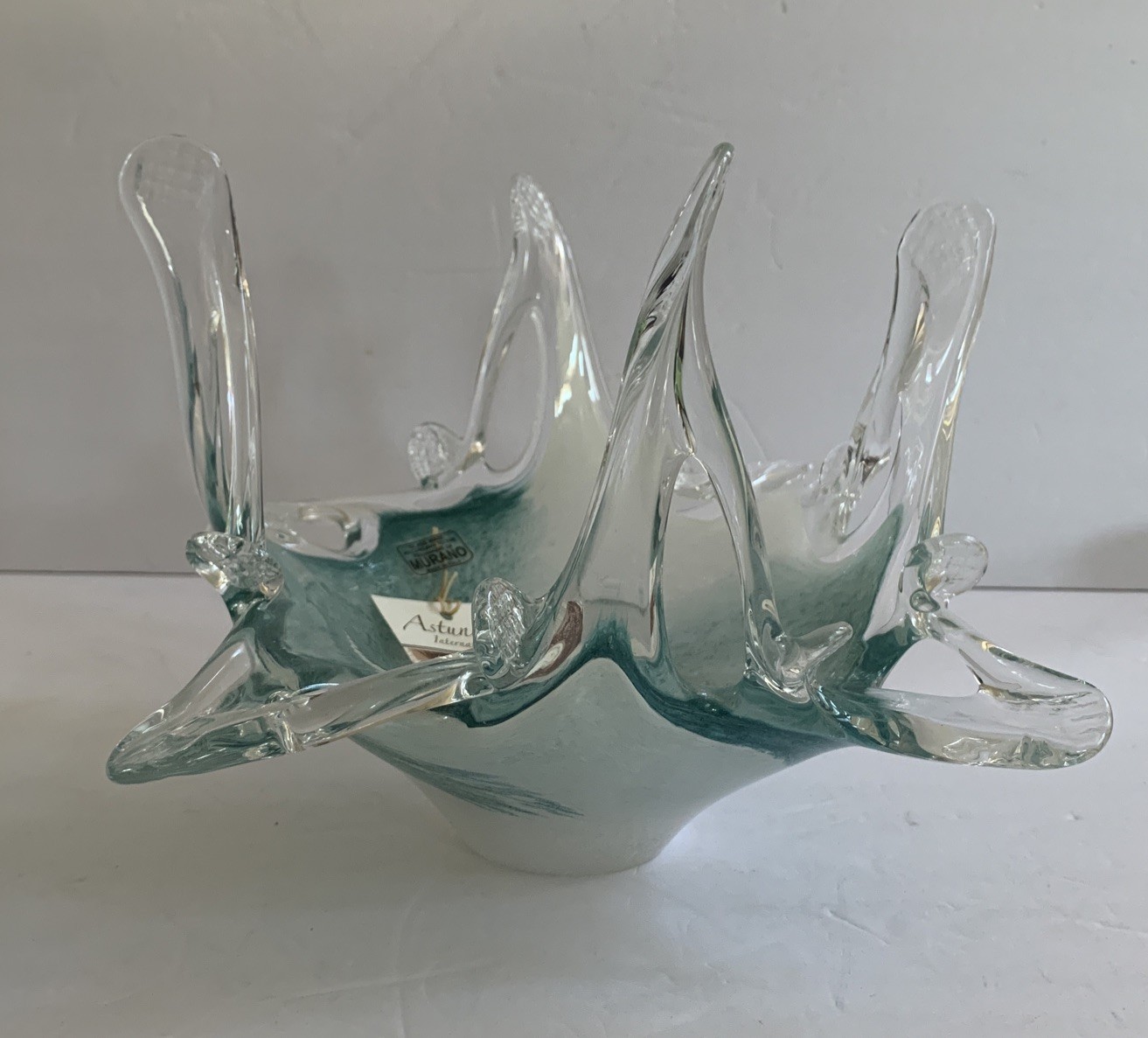 Murano Style Art Glass Mouth Blown Bowl Teal Aqua Blue White Exquisite All Tags