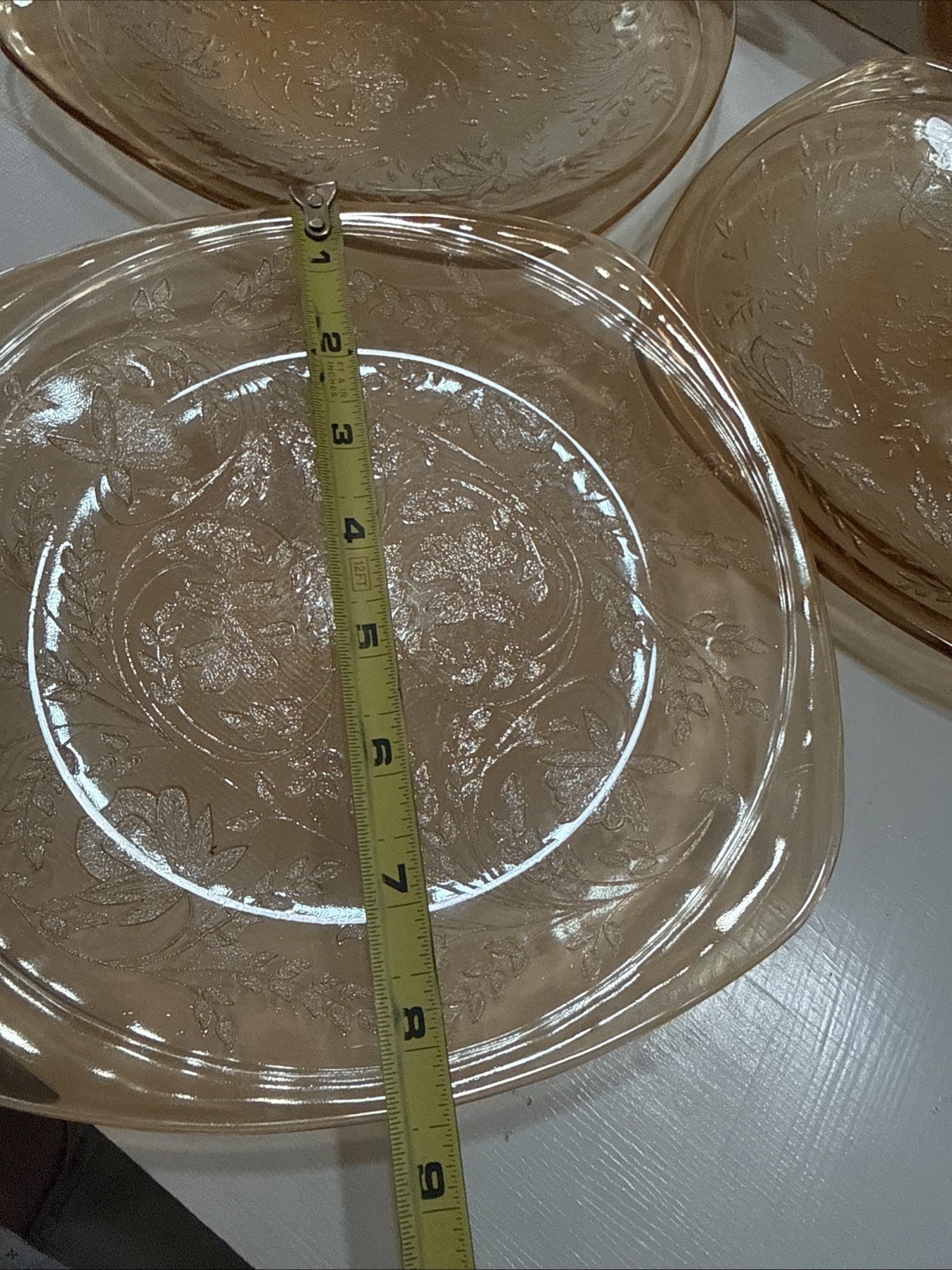 Jeannette Glass Floragold “Louisa” Iridescent Dessert Plates /bowl MCM Marigold