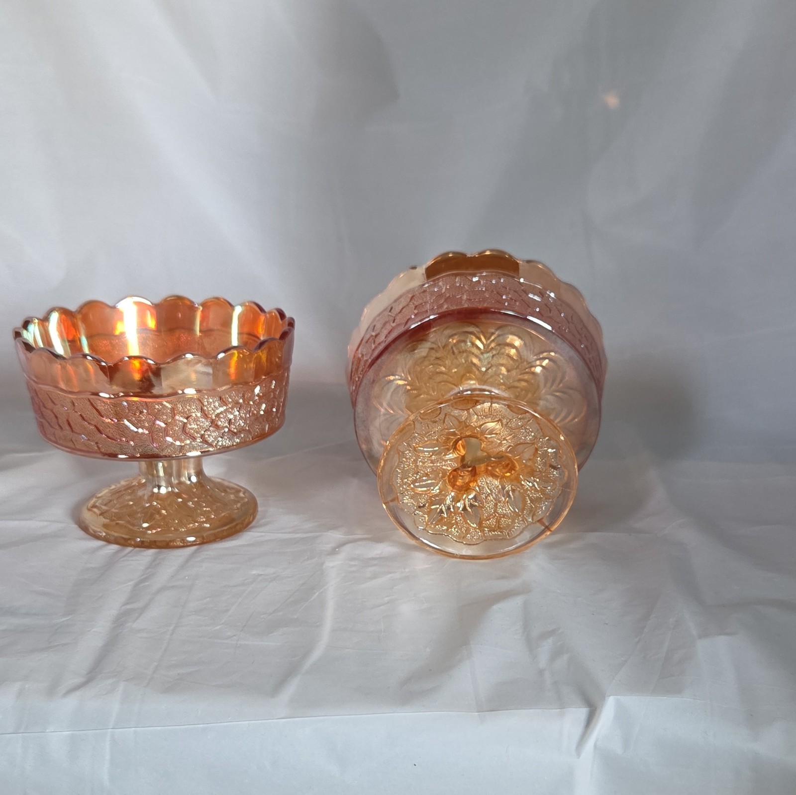 Marigold Iridescent Carnival Glass Floral Pedestal Compote Bowl Round