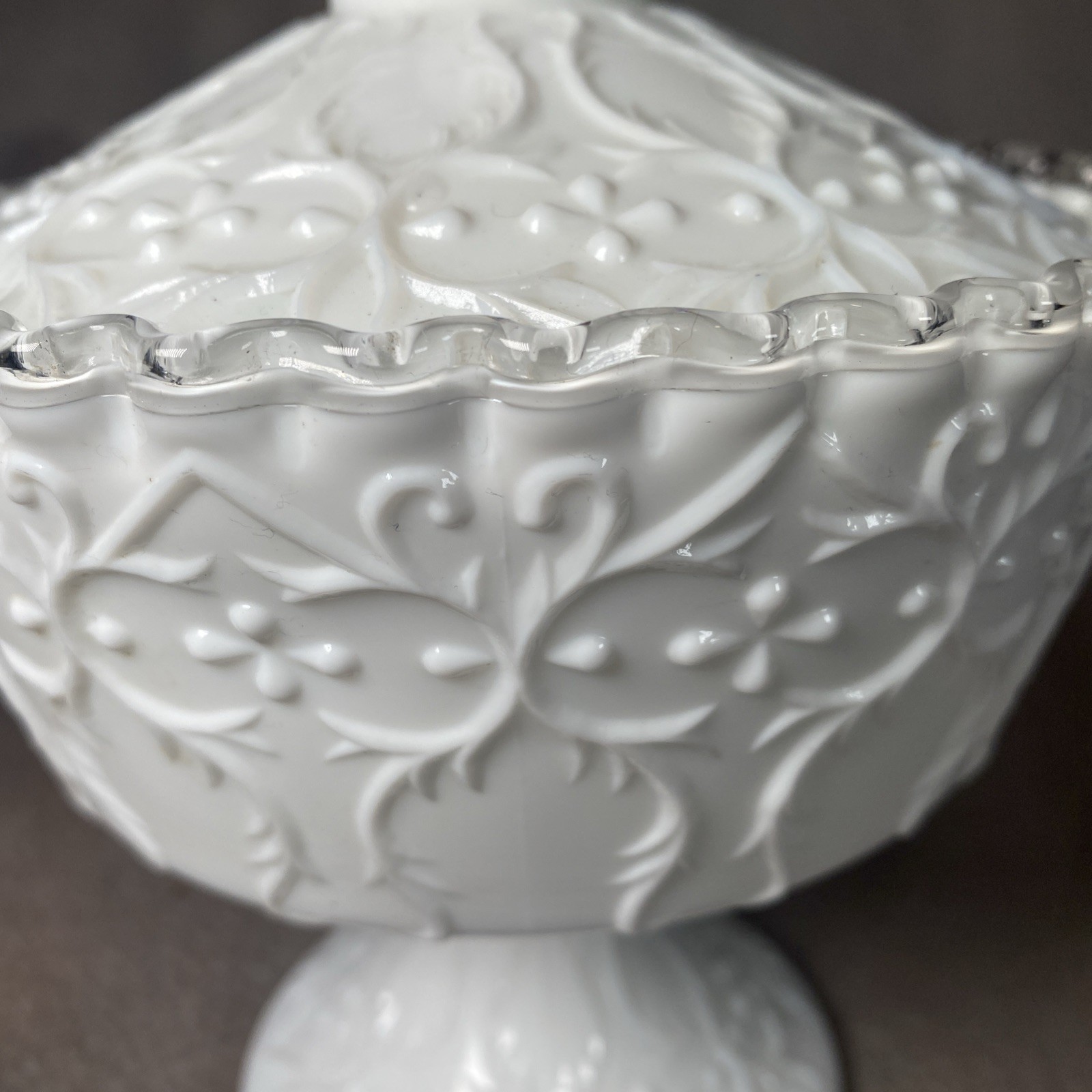 Fenton Milk Glass Silver Crest Spanish Lace Pedestal Candy Server w/ Lid