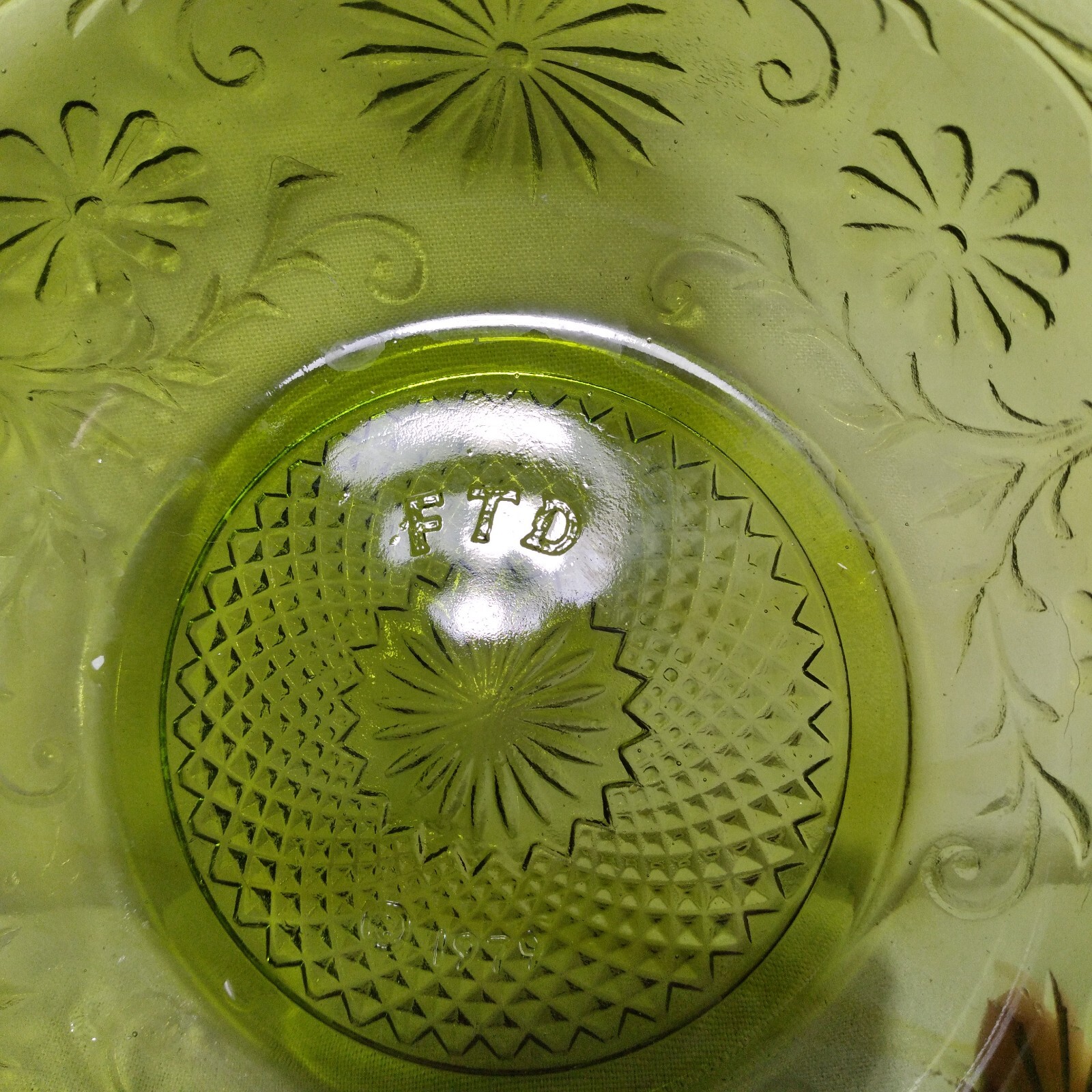 Vintage FTD 1979 Green Glass Serving Bowl Country Floral Pattern