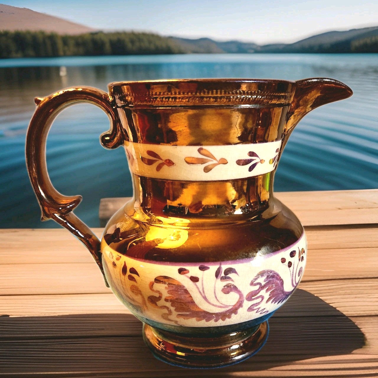 2 English Copper Lusterware Pitchers Staffordshire Pottery 1850-1899 England