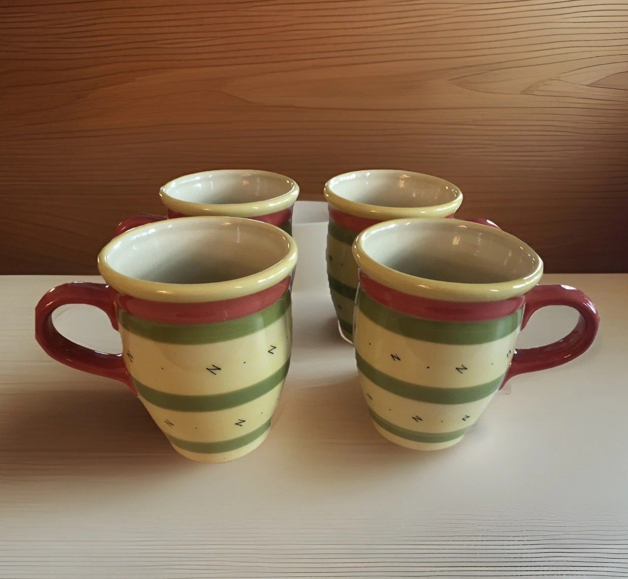 Pfaltzgraff Pistoulet 4-1/2″ Red Banded Mug Set By Jana Kolpen (4) Nice!