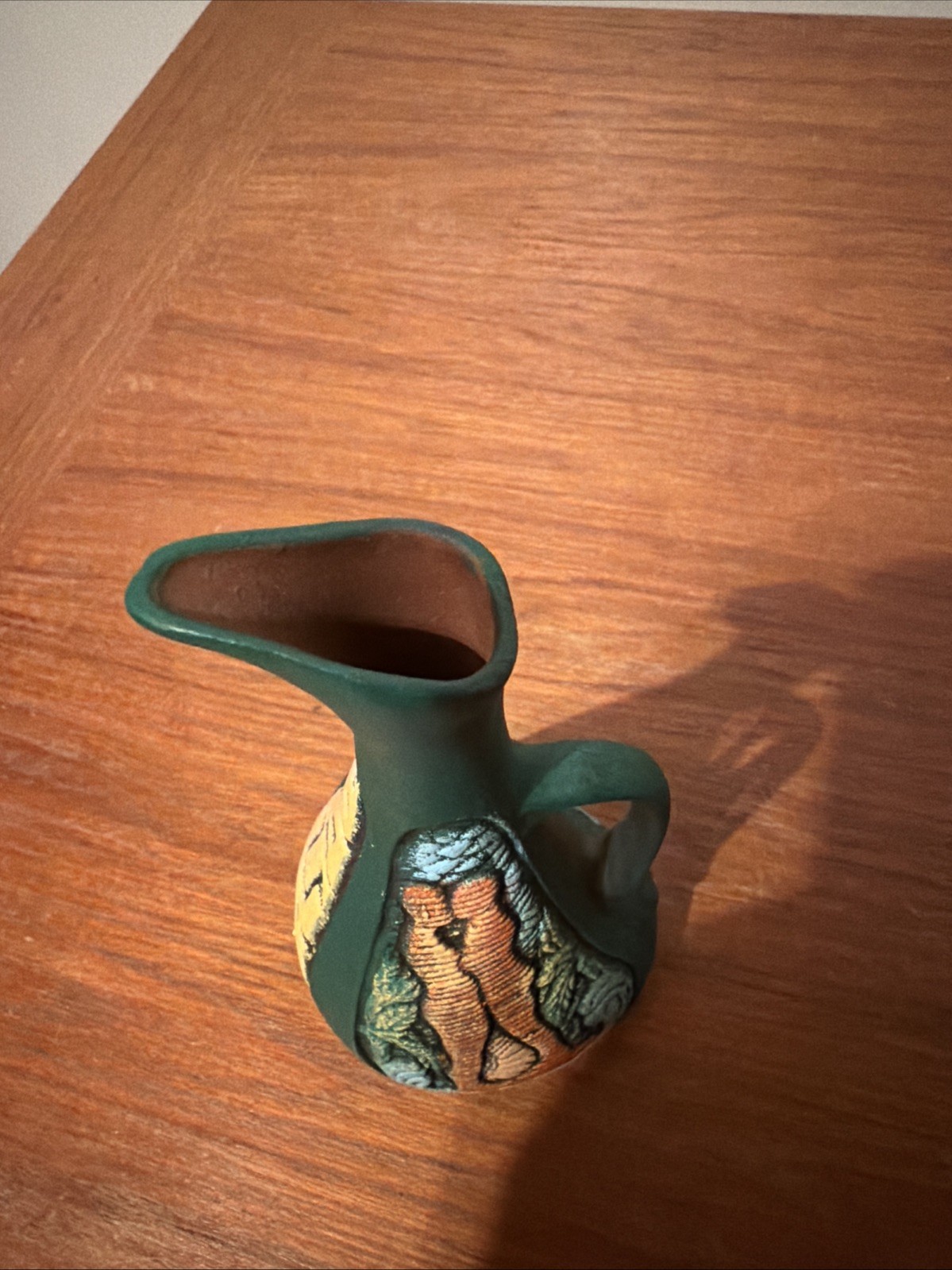NWOT Georgian Pottery Pitcher Embossed Images Green-multi Home Decor 7”x3”