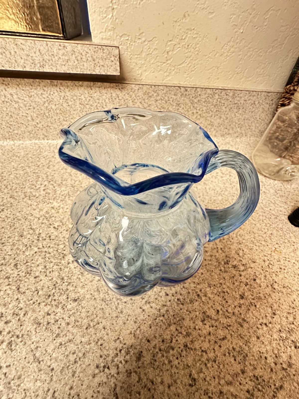 5 1/4″ Vintage FENTON DRAPERY Light Blue PITCHER w/ Crimped Rim