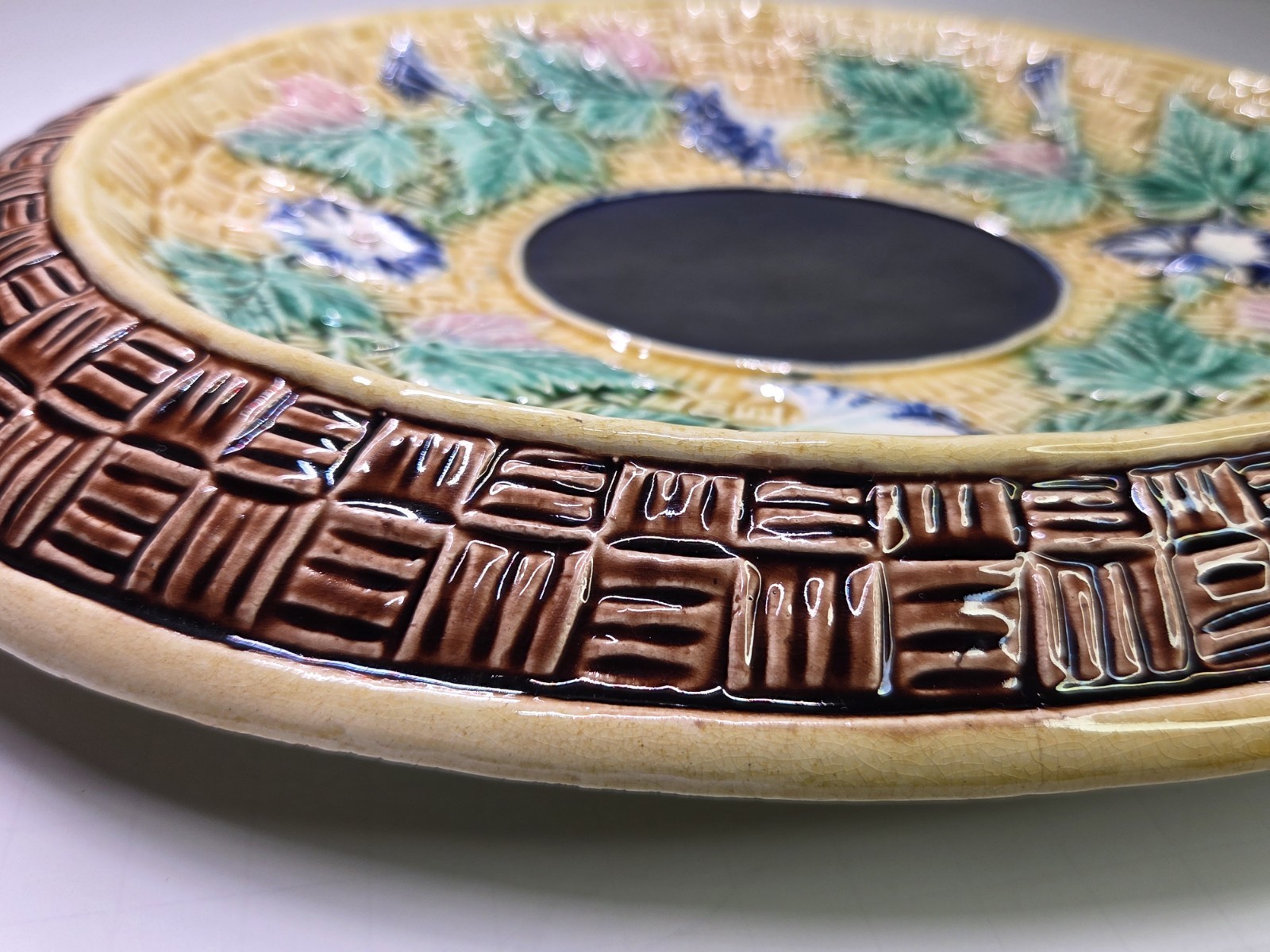 Antique Oval Majolica Basket Weave Footed Platter Floral Bread Bowl Cobalt 12¾”