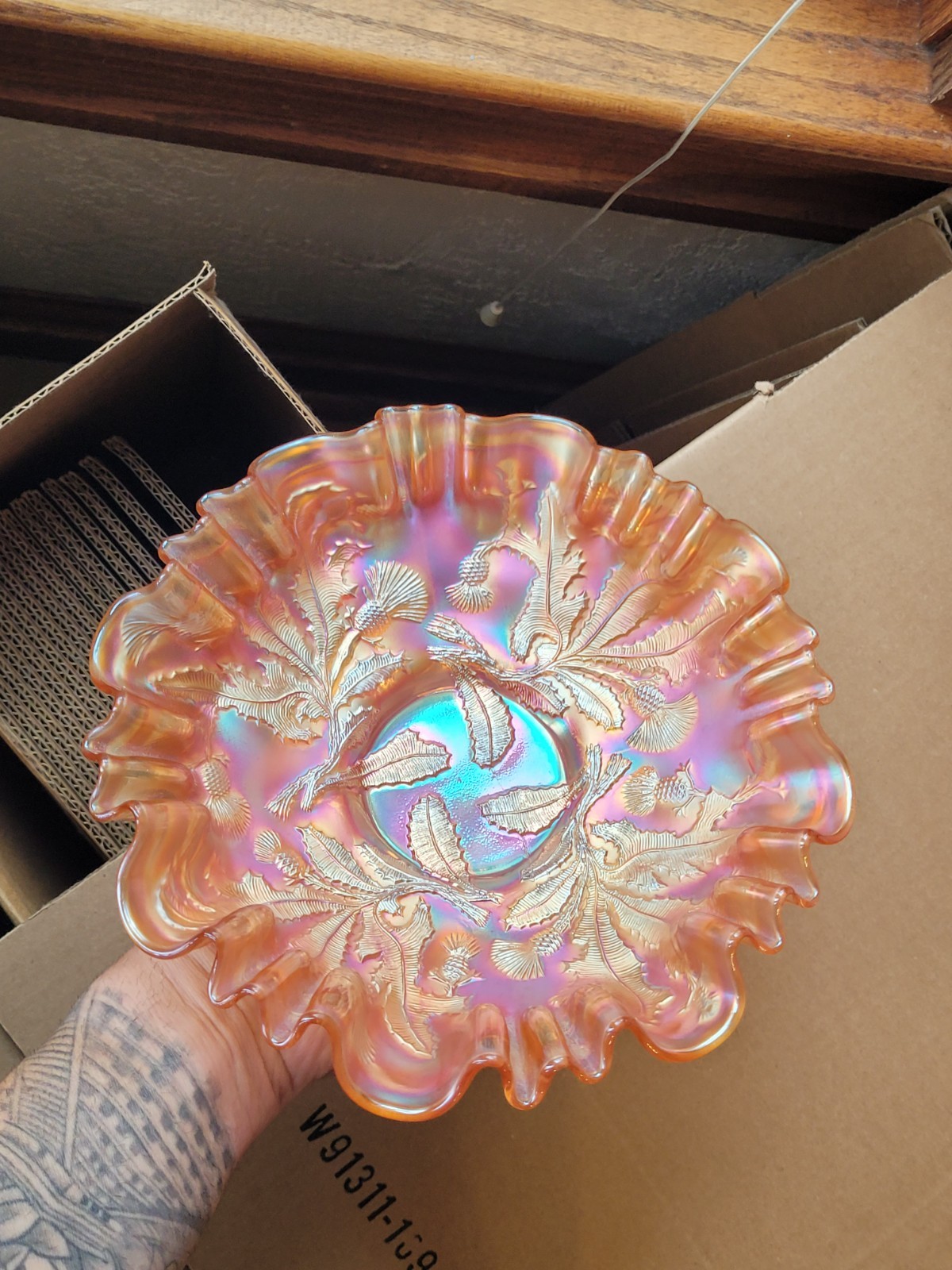 Pretty Fenton Marigold Carnival Glass Thistle Pattern 3 & 1 Edge Bowl