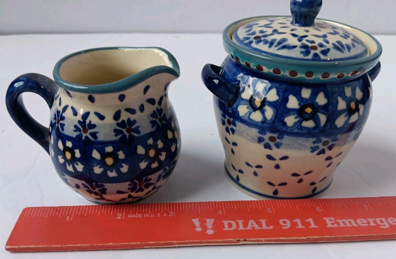 Polish Pottery Tea/Coffee Set, Tray, 2 Mugs/Cups, Creamer, Sugar Bowl W/ Lid