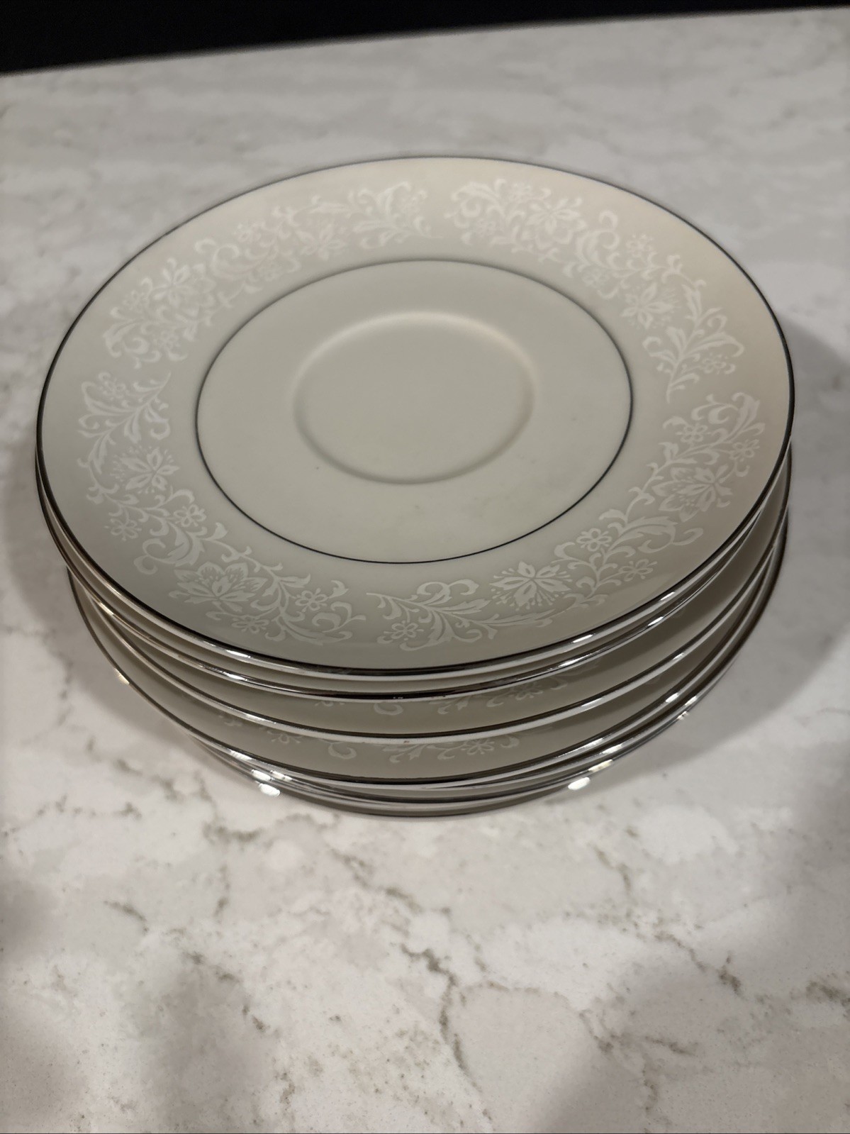 VNTG Ivory Fantasy Japan 8 Saucers Embossed Floral Platinum Trim Japan 60-70’s