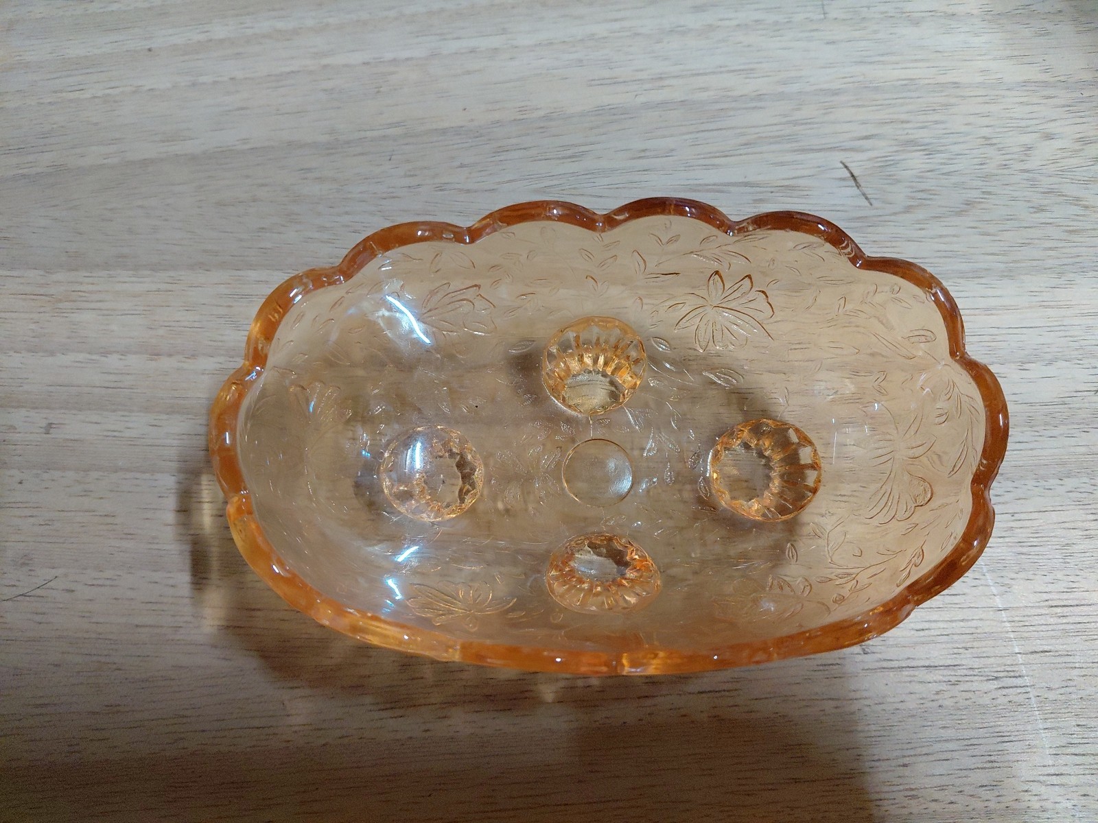 Vtg Amber Peach Luster Footed Candy Trinket Dish, Embossed Floral