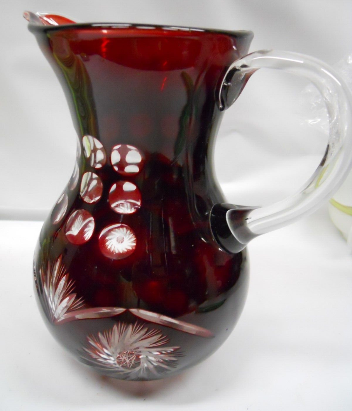 Clear Pitcher Boho Dark Ruby Red Czech Deep Glass 9″ tall clear glass handle