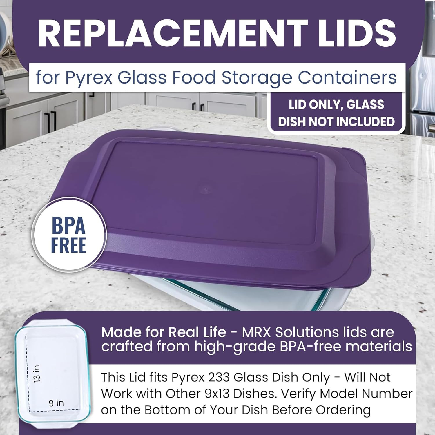 Replacement Lid Fits Pyrex 9X13 233 Glass Casserole Baking Dish Container with T