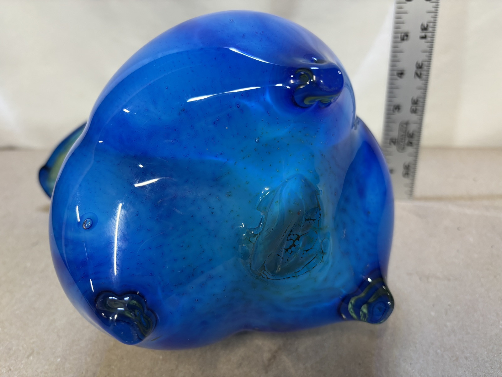 Hand Blown Murano 3 Sided Cased Cobalt Blue to Yellow Glass Pitcher #2