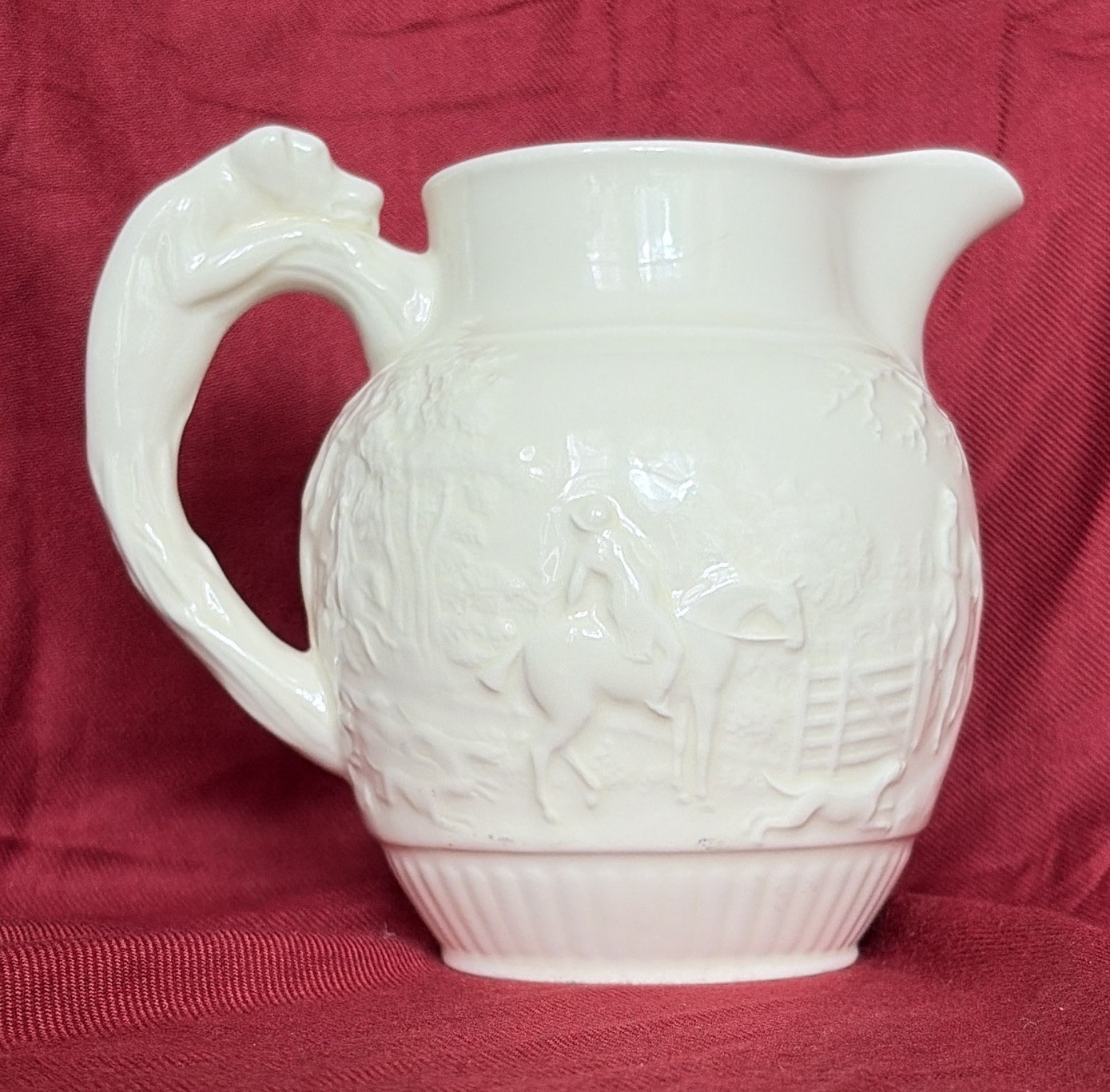 Wedgwood White Hunting Scene Embossed Ceramic Pitcher w/ Dog Handle