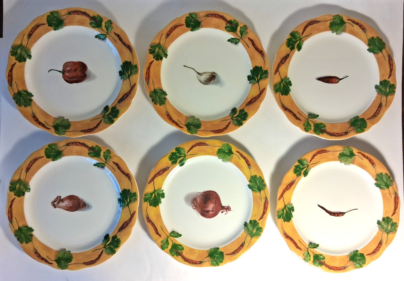 Gien France Poivre Et Sel Garlic Peppers Onions 8 3/4″ Salad Plates Set of 6