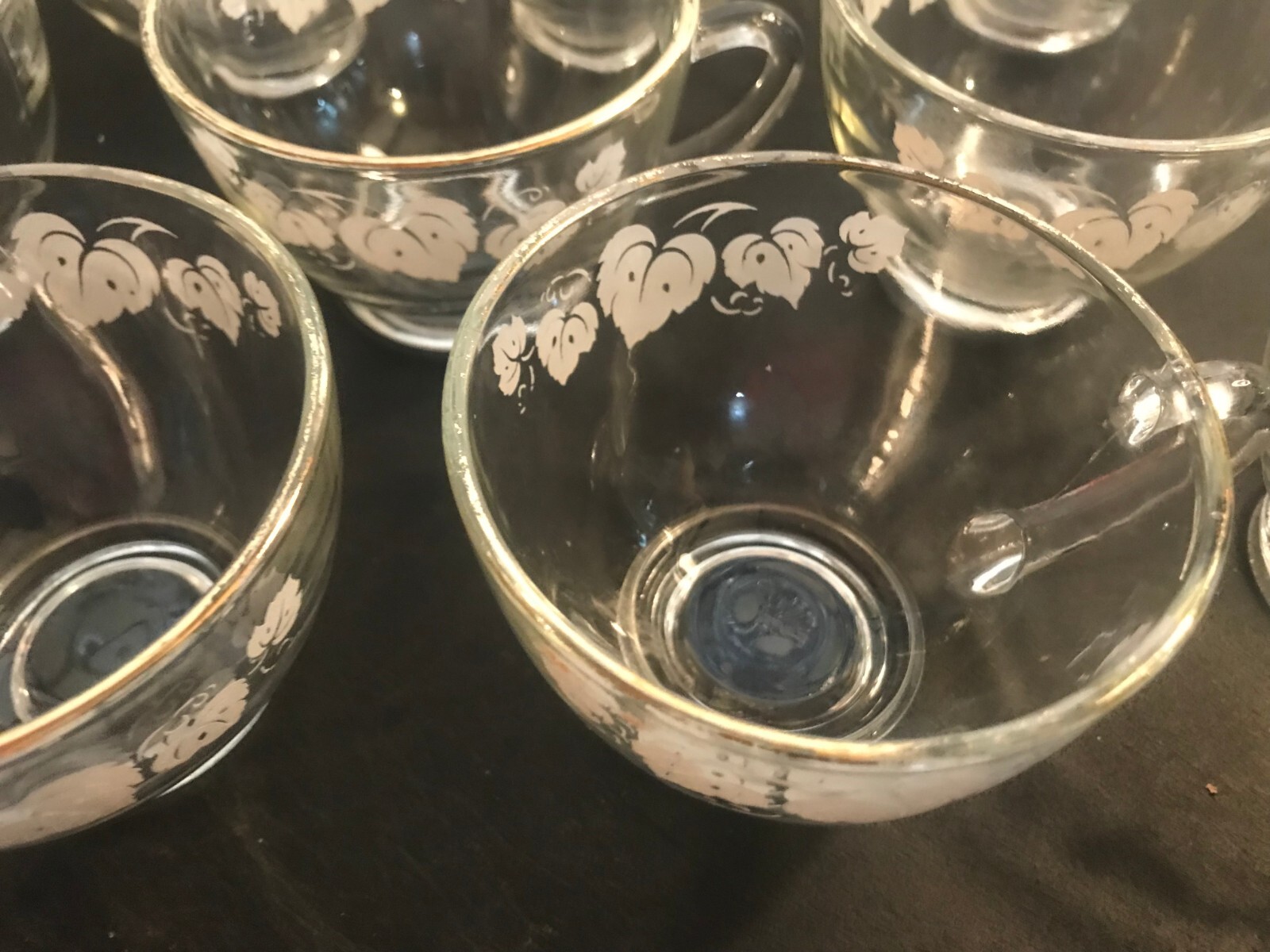 Vintage Glass Gooseberries Print Punch Bowl Set White Leaves with Gold Rim