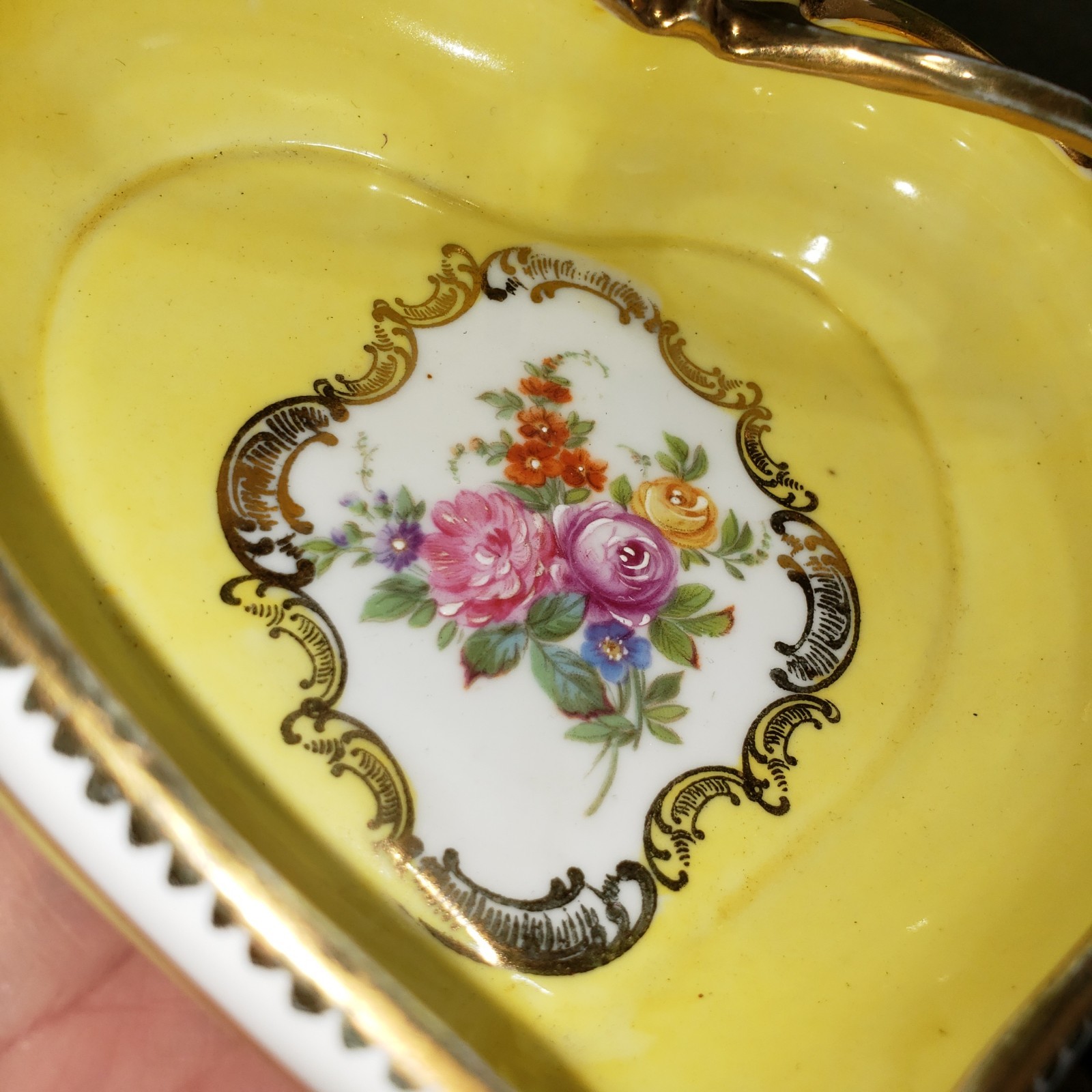 VTG Dresden Floral Trinket Dish 24 kt Gold Gilt Handle Heart Shaped Signed