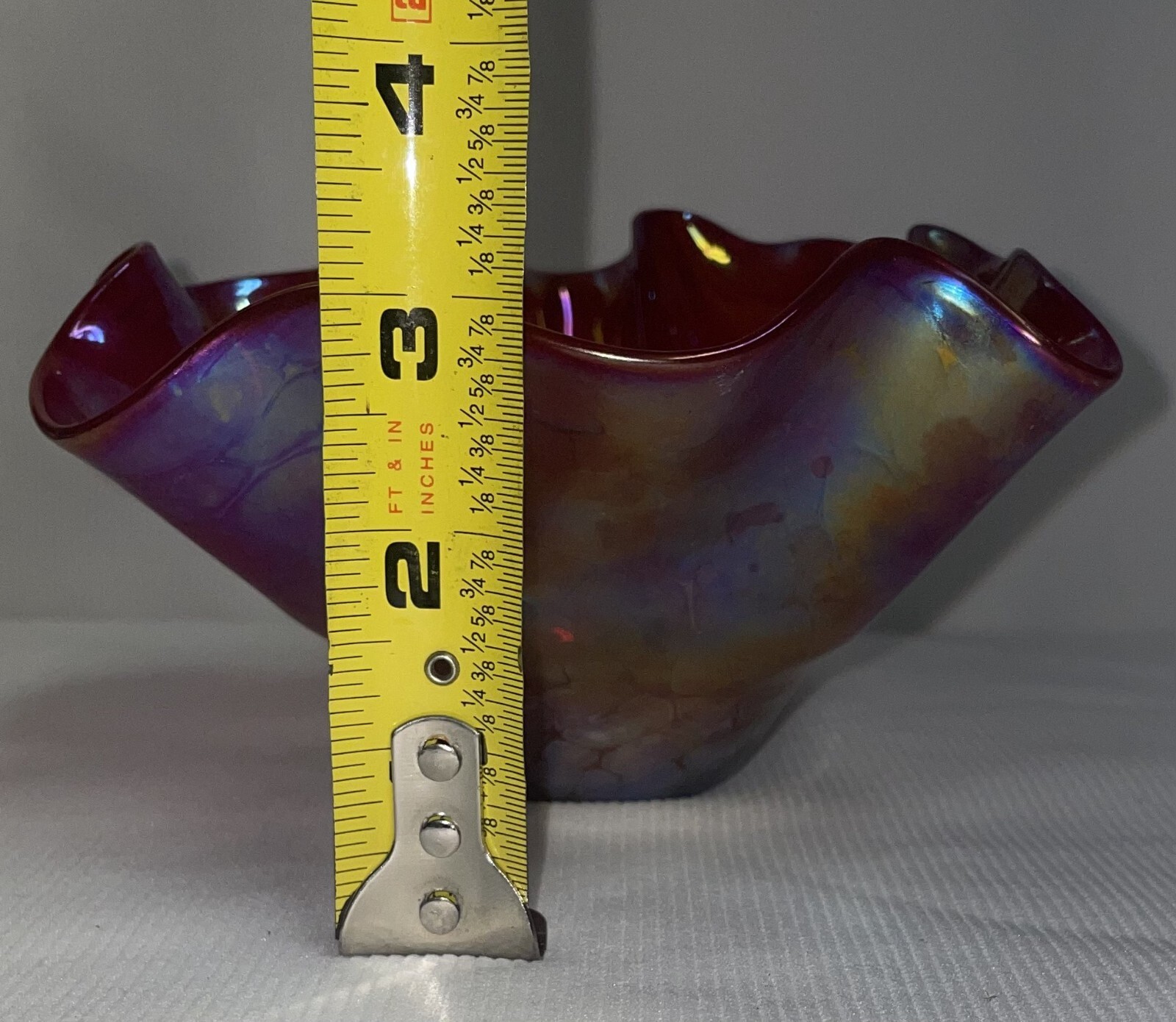 Hand Blown Wavy Edge Iridescent Carnival Glass Bowl Pontil Mark 3 1/2 Inches