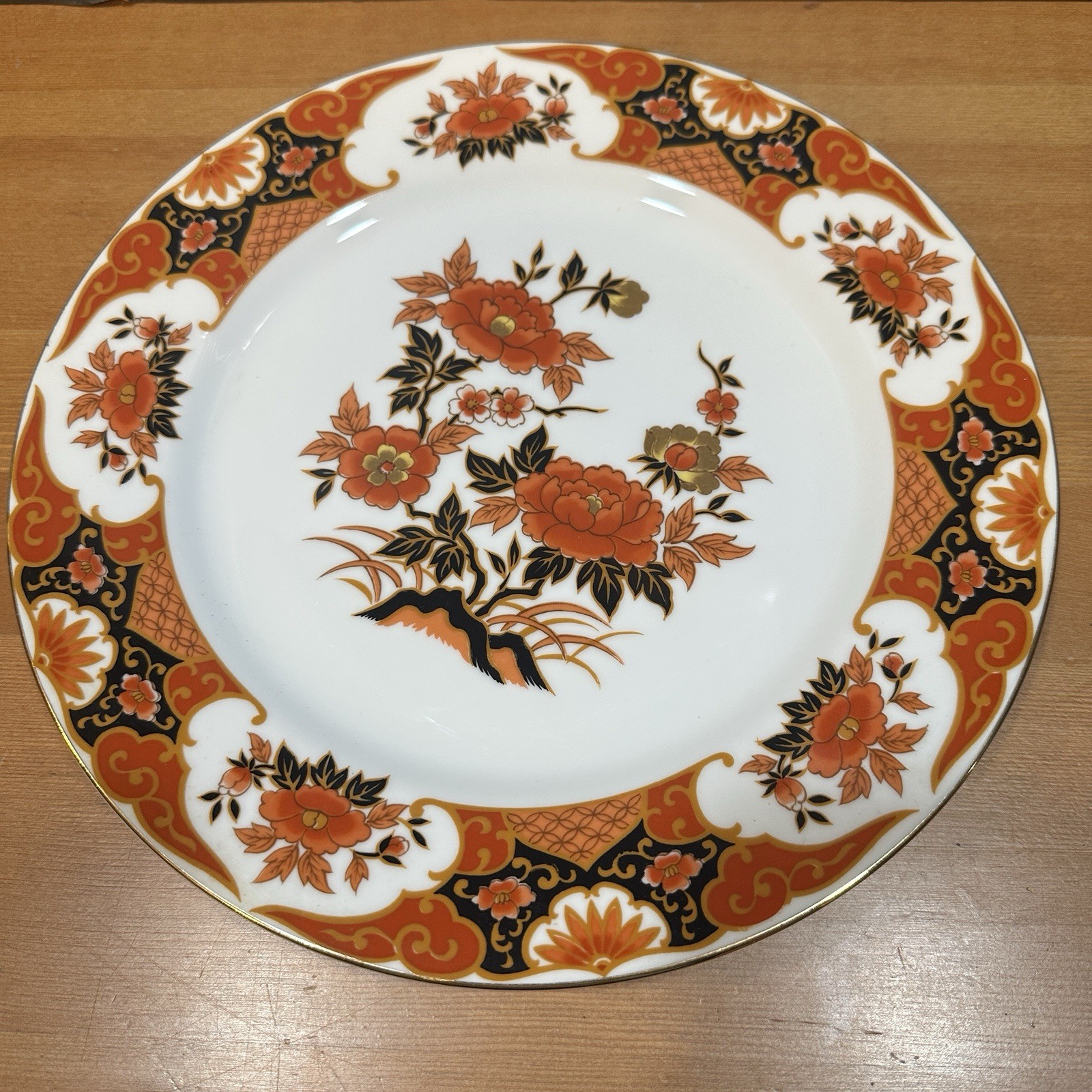 Vtg Japan Imari Style Dinner Plate Orange Black Gold Peony Floral 10.25″ China