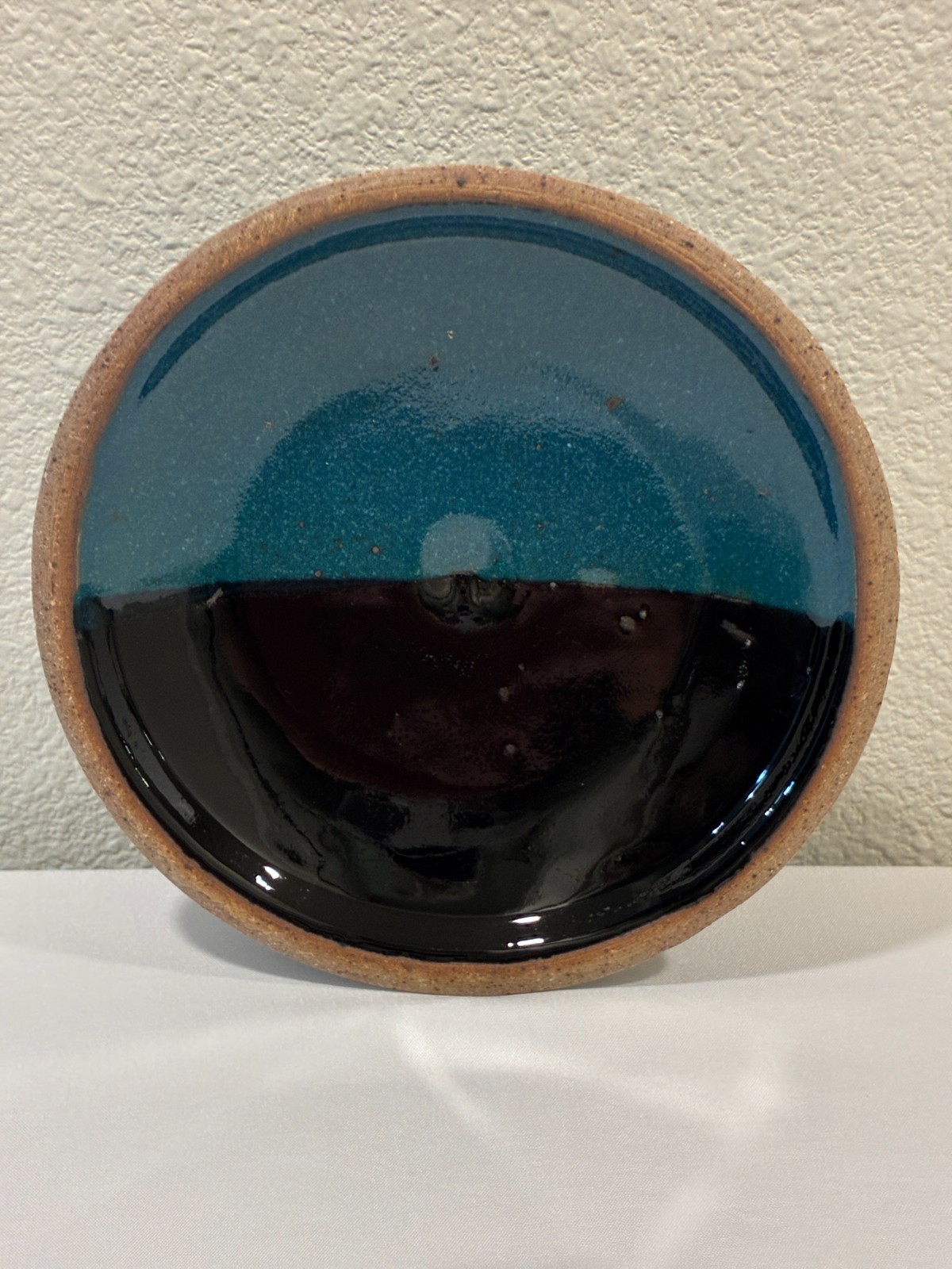 LIDDED POTTERY BOWL Turquoise/Black Handmade Round Color Block Glaze Handle Lid