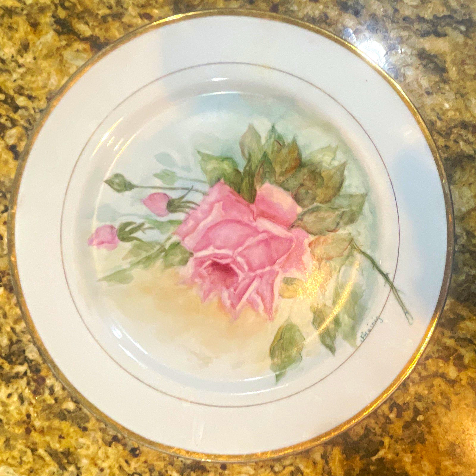Porcelain Floral Rose Plate White Pink Green Gold Rim Round 8 in China