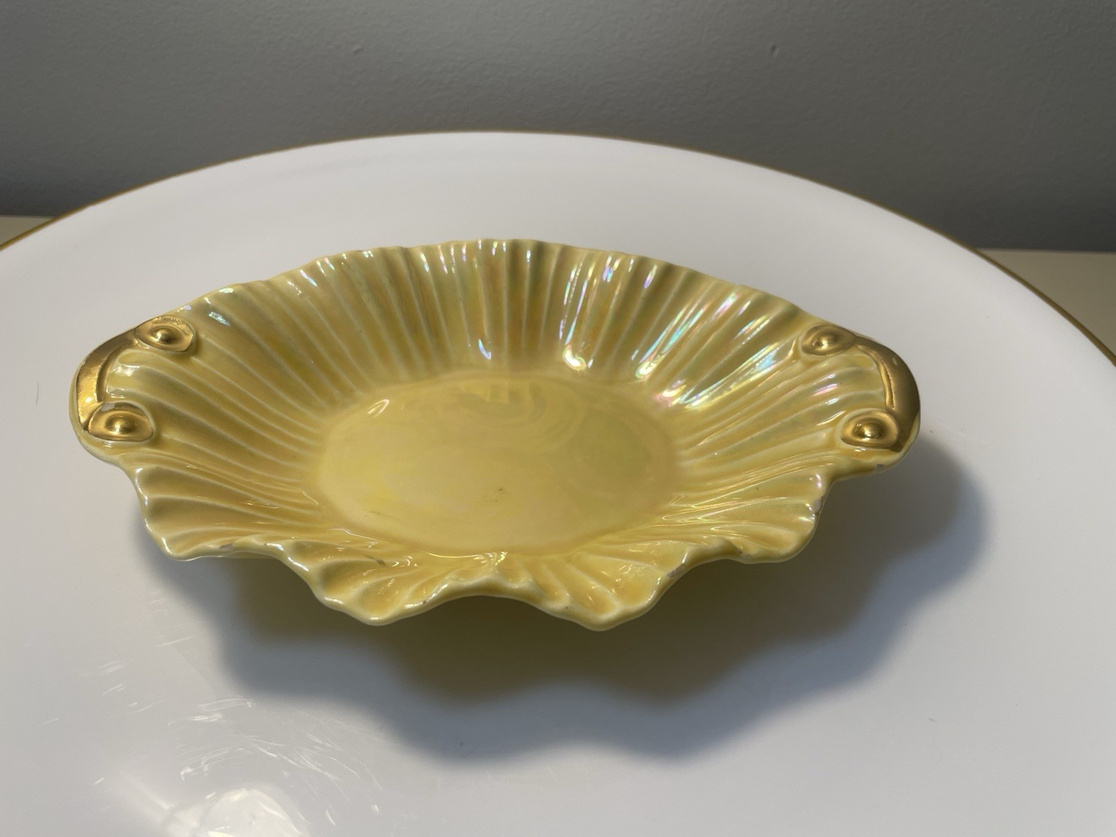 Vintage CG USA Yellow Lusterwear Trinket Candy dish Warranted 22 Kt Gold Trim