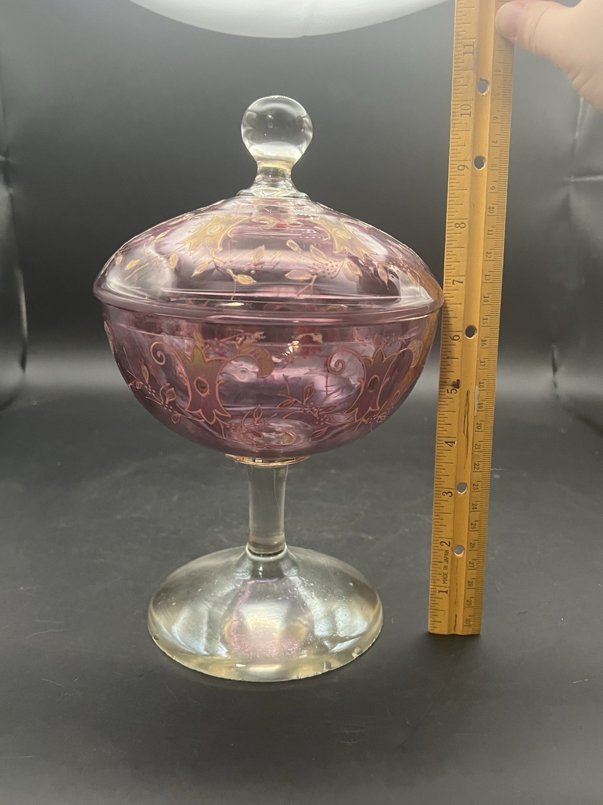 Cranberry Glass Candy Dish Bohemian Czech Lidded Pedestal Gold Details Vintage