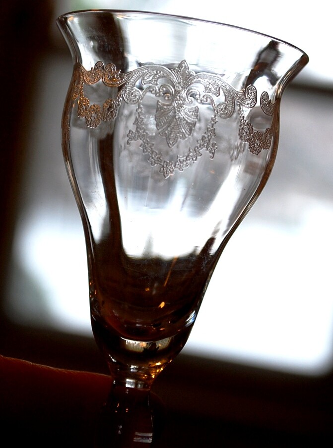 Antique BRYCE Set 3 Cocktail Glasses 5″ NEEDLE ETCHED OPTIC GLASS Garlands c1900