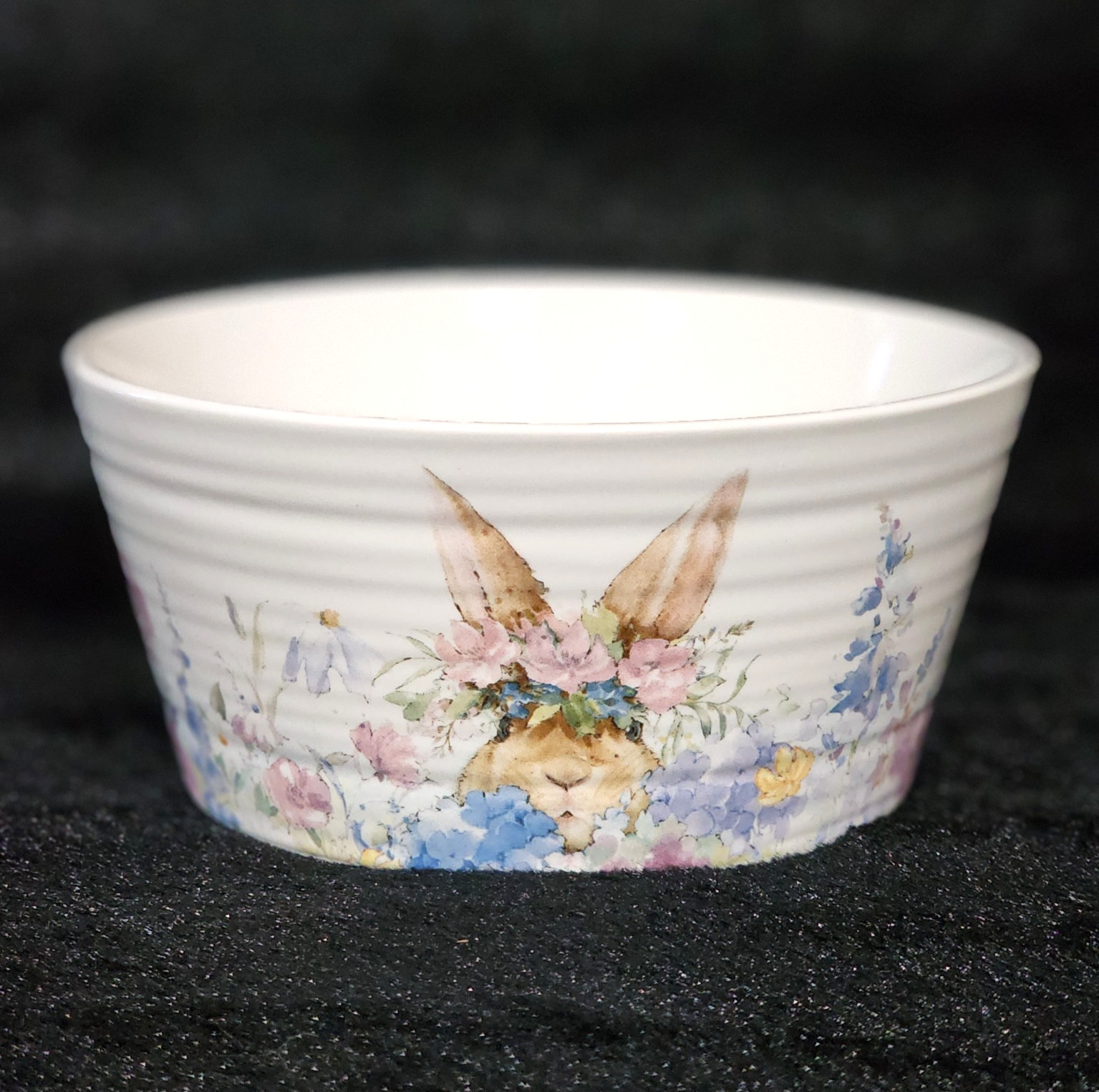 4 Watercolor Peeking Bunny & Flowers Cereal Bowls 6″ Ceramic Easter Flower Crown
