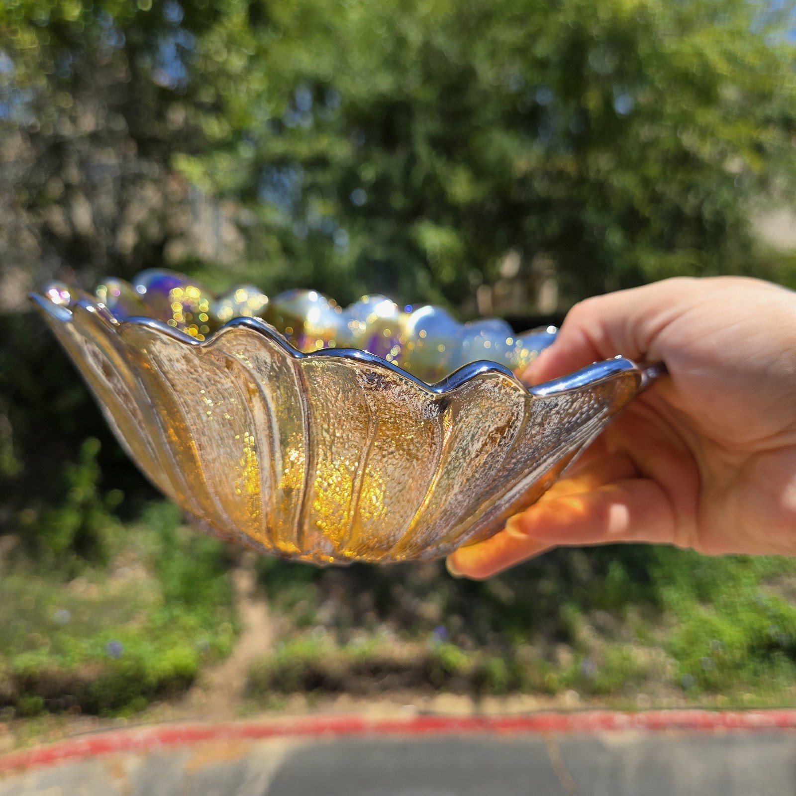 Vintage Indiana Iridescent Carnival Glass Marigold Sunflower Candy/Trinket Dish