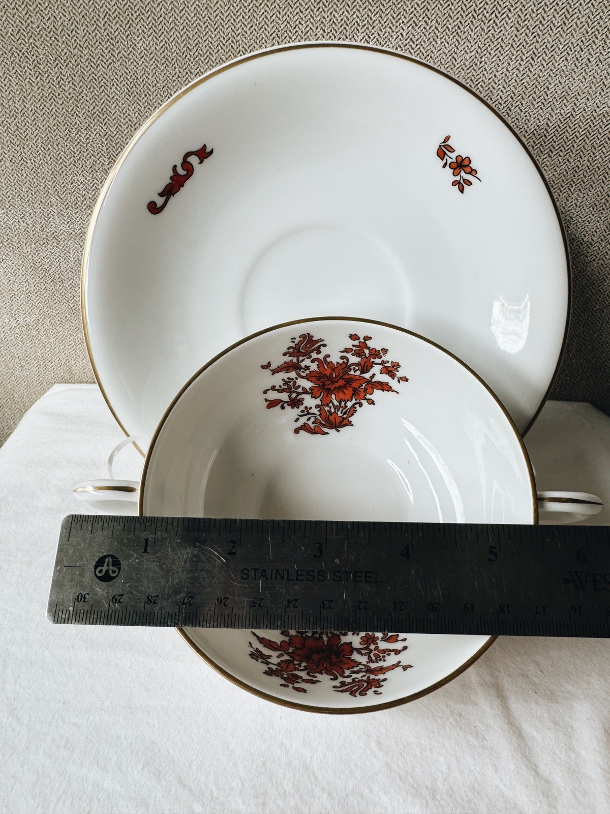Vintage Vista Alegre “Teresa” Rust Footed Cup & Saucer Portugal, Set of THREE